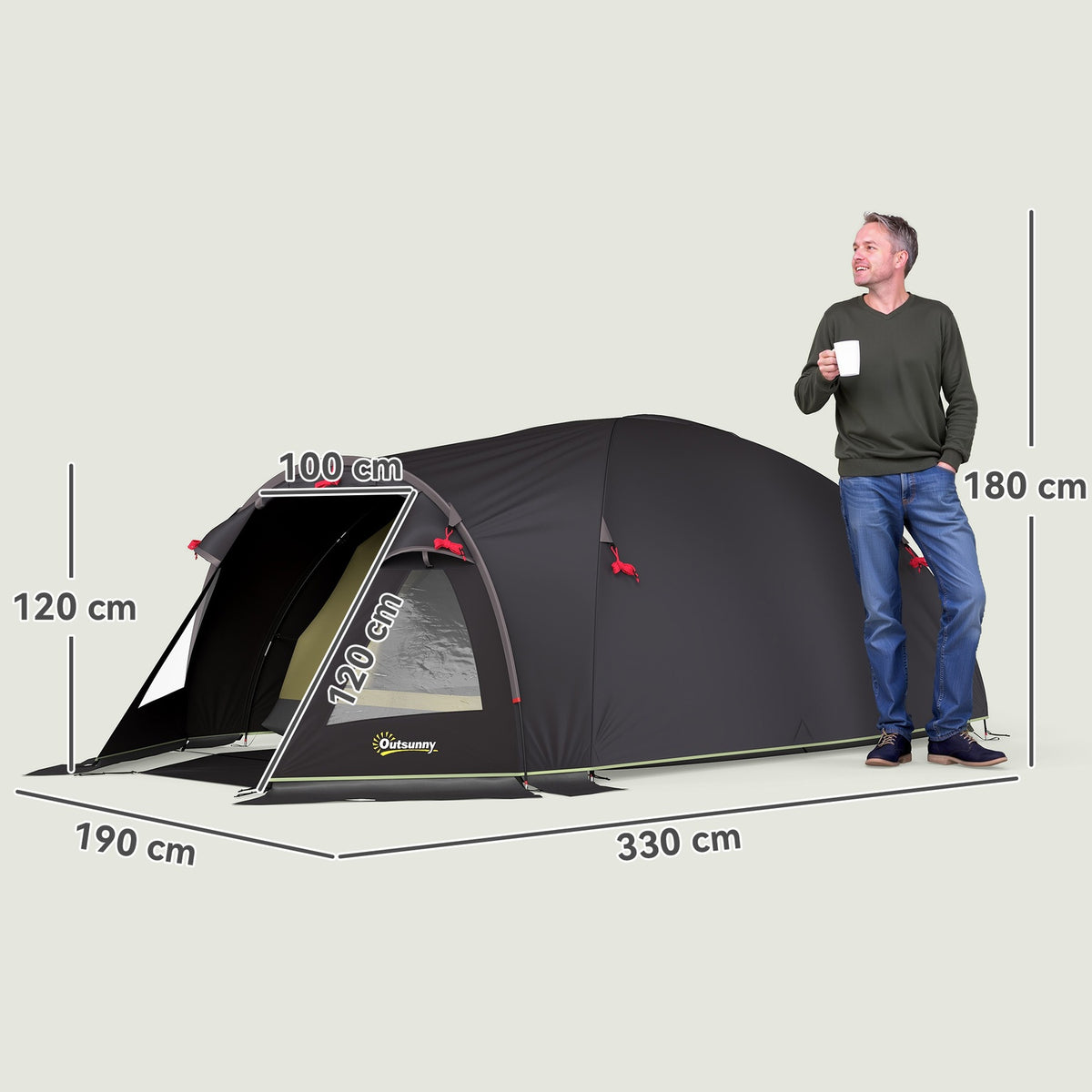 Camping tent for 4 people, lightweight, stable, UV 50+ tunnel tent with canopy, side door and window, black