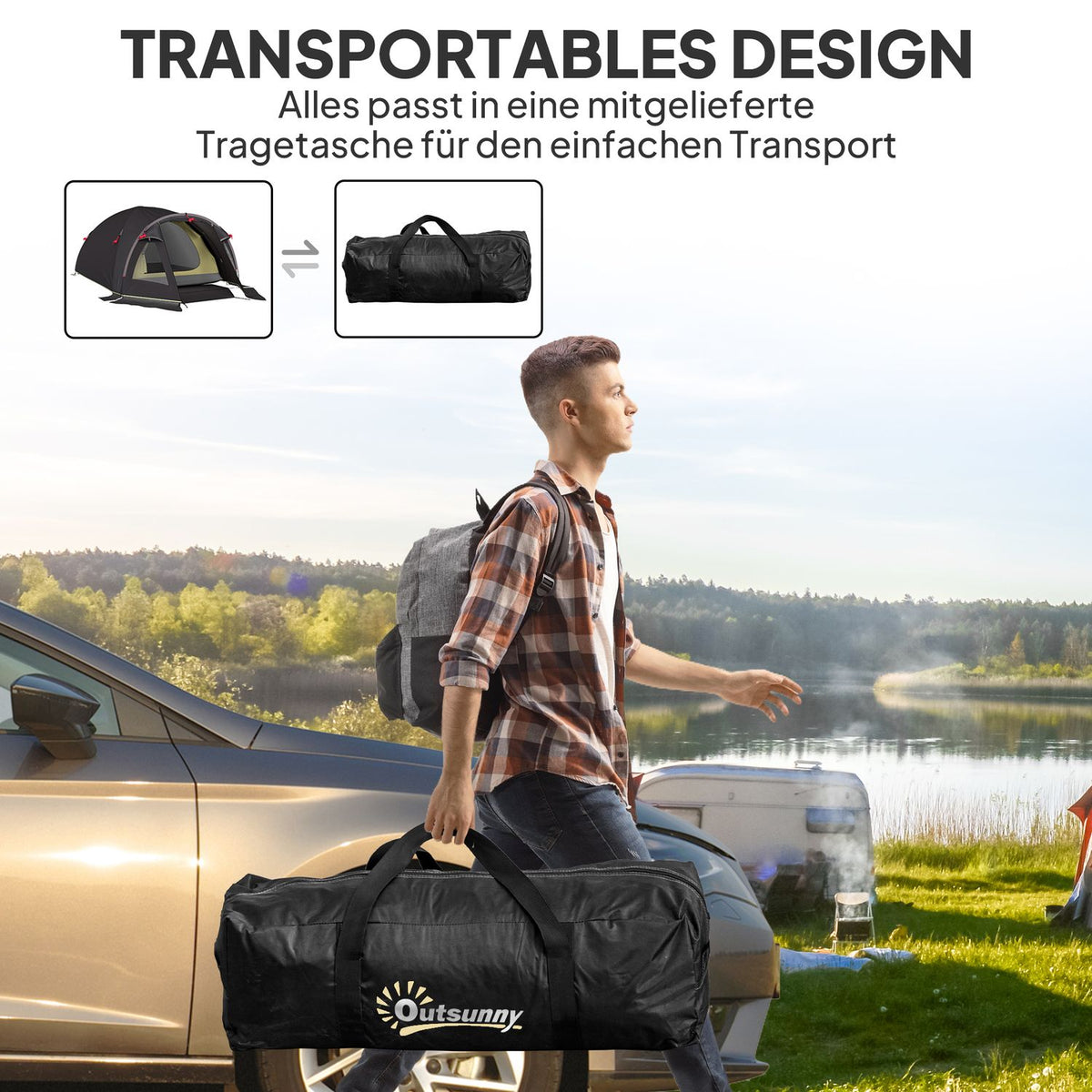 Camping tent for 4 people, lightweight, stable, UV 50+ tunnel tent with canopy, side door and window, black