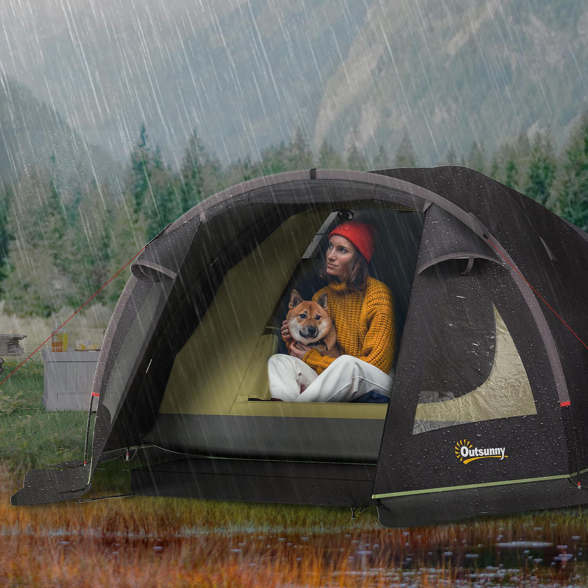Camping tent for 4 people, lightweight, stable, UV 50+ tunnel tent with canopy, side door and window, black