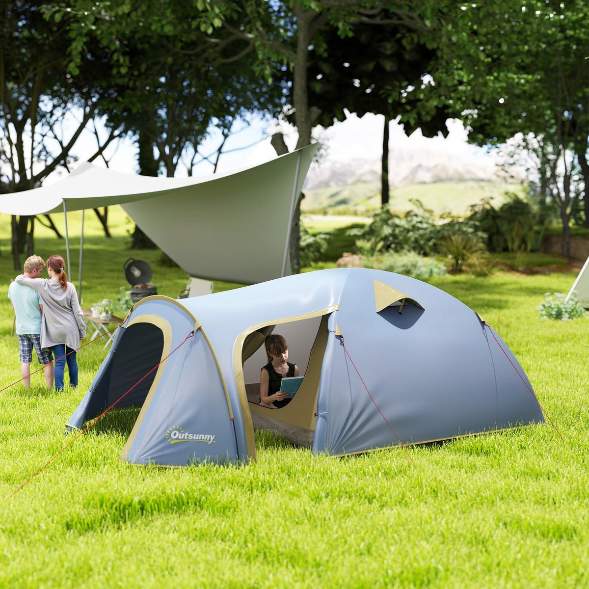 Camping tent for 4 people, waterproof tunnel tent with 2 doors and hooks, packing bag, 3.45 x 2.4 x 1.3 m, light blue