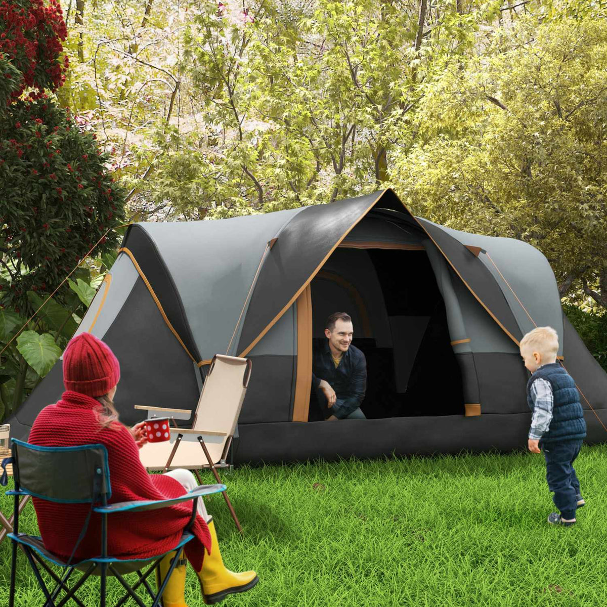 Camping tent for 5-6 people, stable, waterproof family tent with entrance window, packing bag, tent with 3000 mm water column, tunnel tent, dome tent for camping, travel, garden, light gray