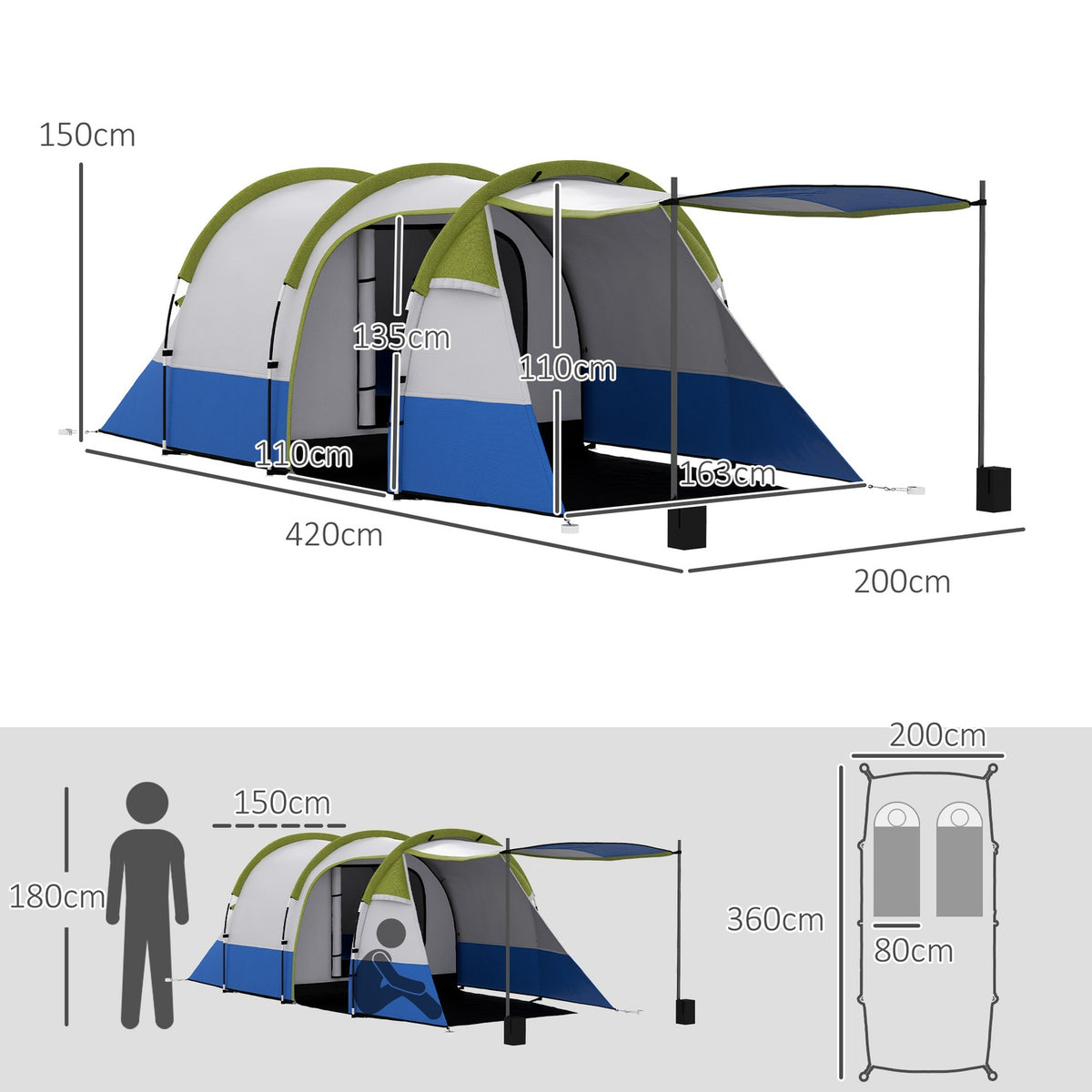 Camping tent, tunnel tent for 3 people, with light hooks, awning, 2 rooms, windproof family tent with carry bag, 2000mm water-repellent pop up tent for camping, garden, green |