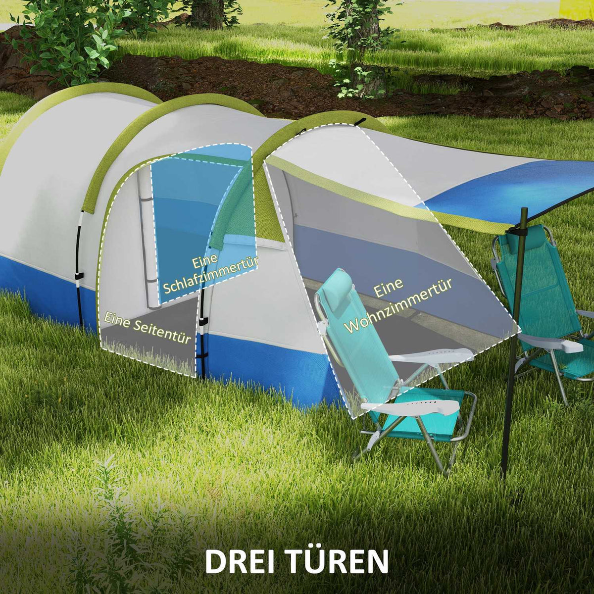 Camping tent, tunnel tent for 3 people, with light hooks, awning, 2 rooms, windproof family tent with carry bag, 2000mm water-repellent pop up tent for camping, garden, green |