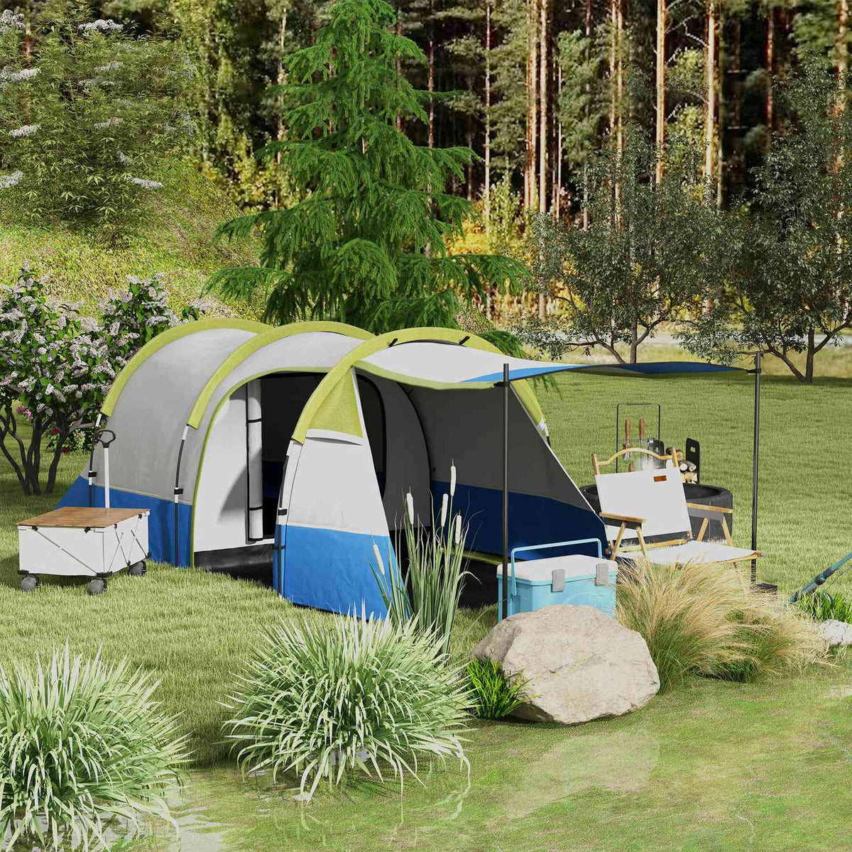 Camping tent, tunnel tent for 3 people, with light hooks, awning, 2 rooms, windproof family tent with carry bag, 2000mm water-repellent pop up tent for camping, garden, green |