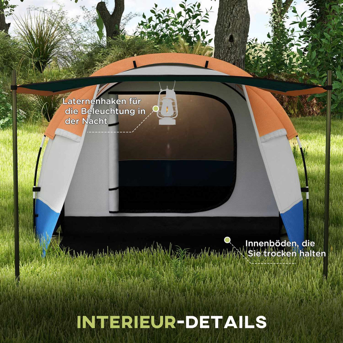 Camping tent, tunnel tent for 3 people, with light hooks, awning, 2 rooms, windproof family tent with carry bag, 2000mm water-repellent pop up tent for camping, garden, orange