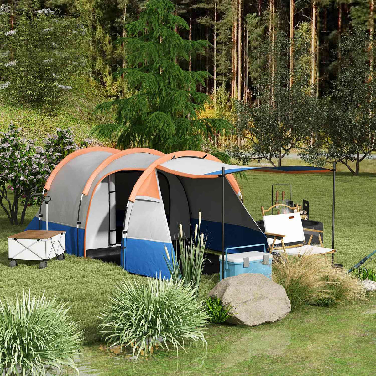 Camping tent, tunnel tent for 3 people, with light hooks, awning, 2 rooms, windproof family tent with carry bag, 2000mm water-repellent pop up tent for camping, garden, orange