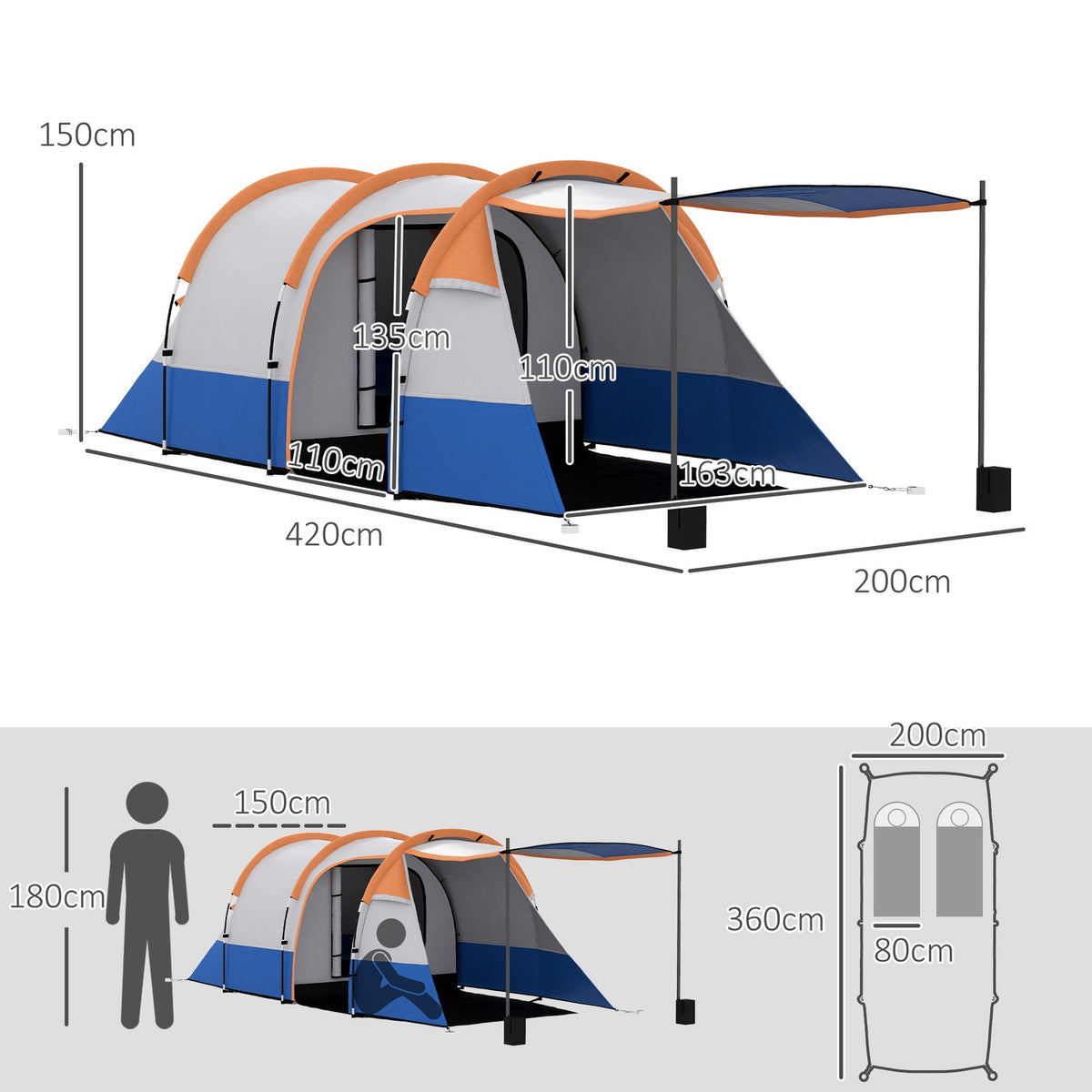Camping tent, tunnel tent for 3 people, with light hooks, awning, 2 rooms, windproof family tent with carry bag, 2000mm water-repellent pop up tent for camping, garden, orange