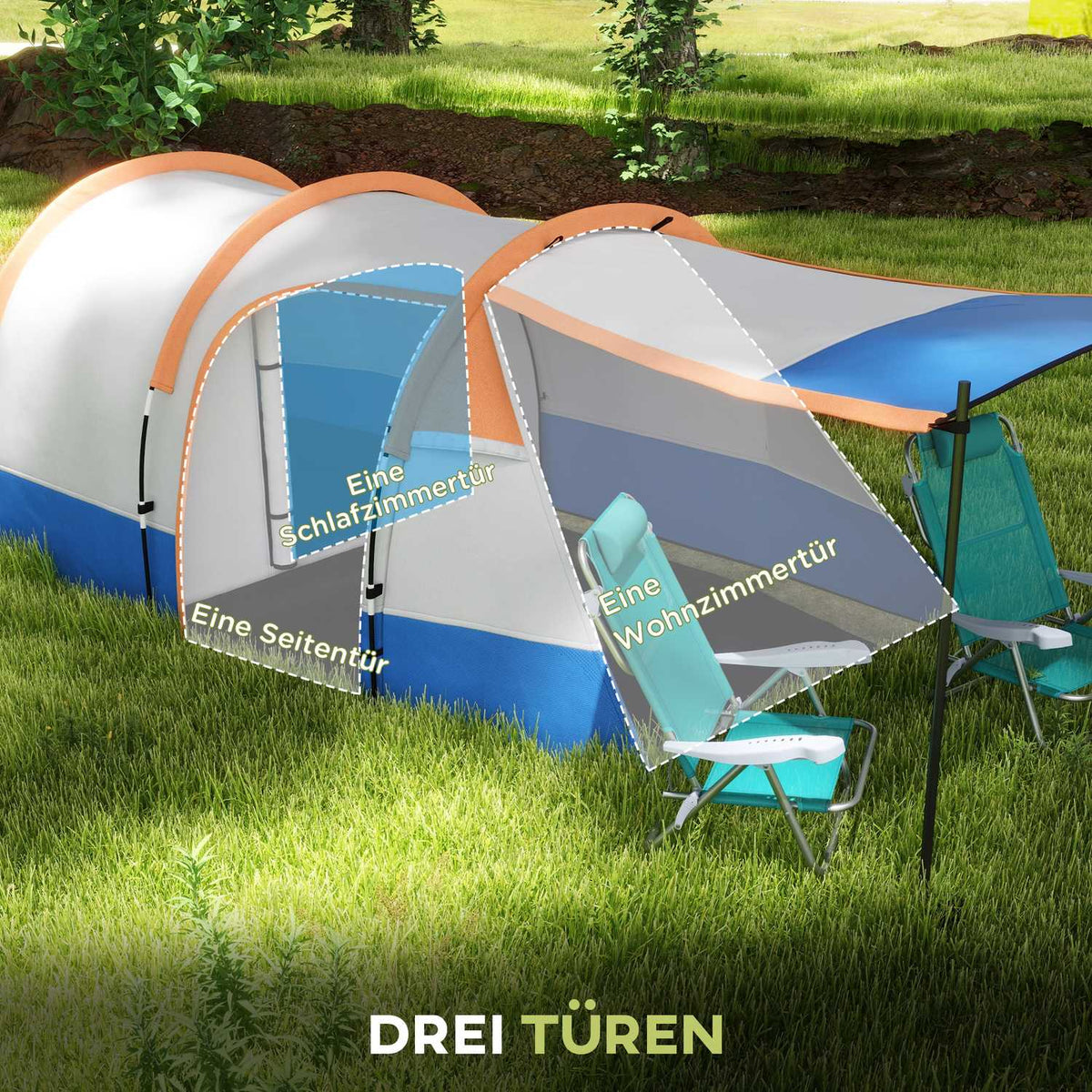 Camping tent, tunnel tent for 3 people, with light hooks, awning, 2 rooms, windproof family tent with carry bag, 2000mm water-repellent pop up tent for camping, garden, orange