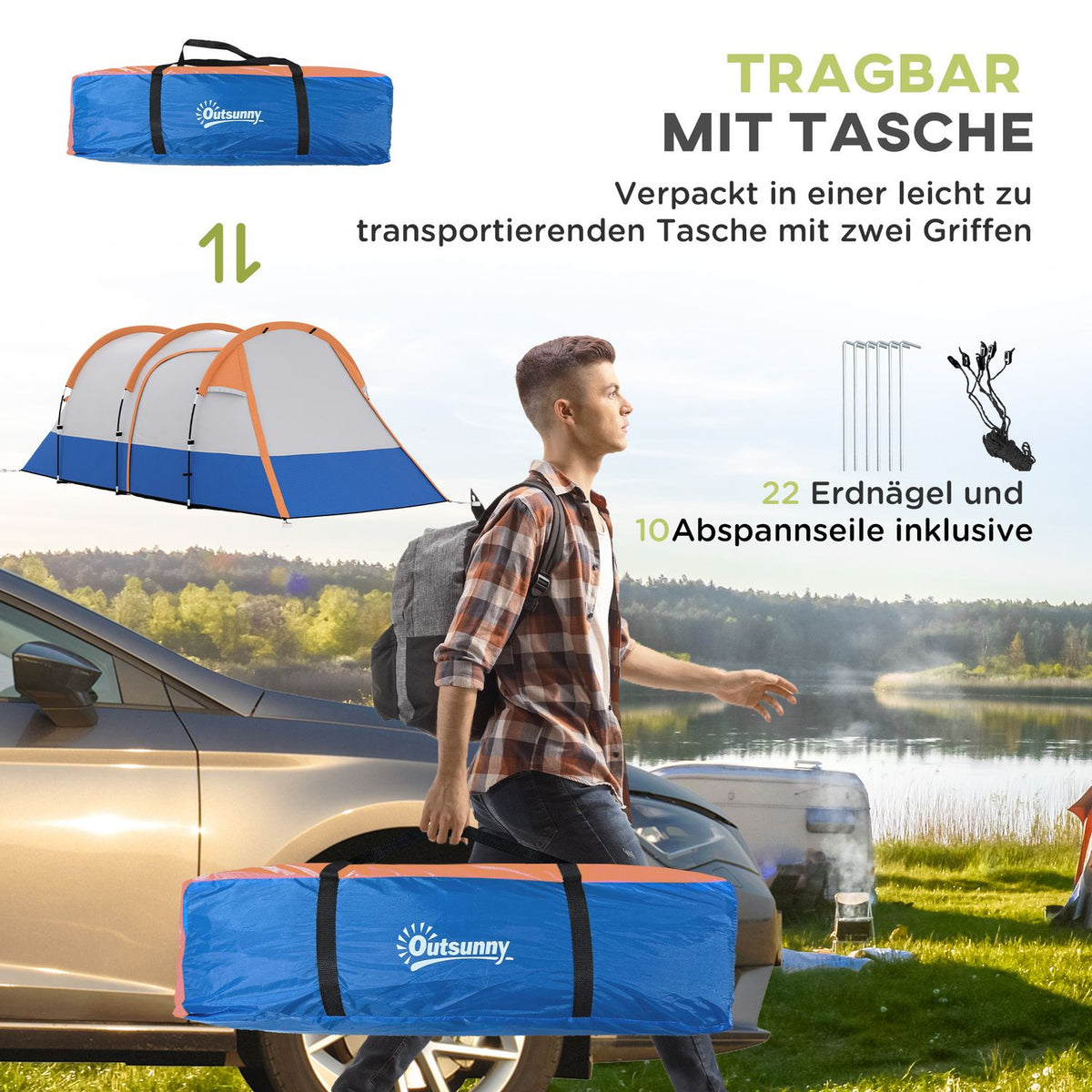 Camping tent, tunnel tent for 3 people, with light hooks, awning, 2 rooms, windproof family tent with carry bag, 2000mm water-repellent pop up tent for camping, garden, orange