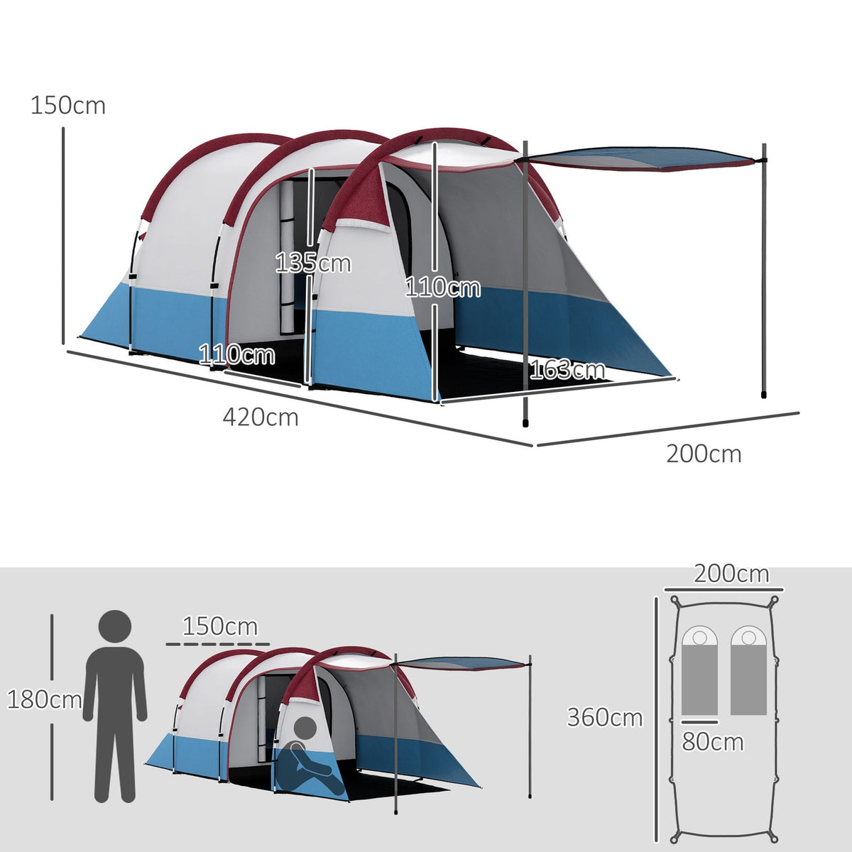 Camping tent, tunnel tent for 3 people, with light hooks, awning, 2 rooms, windproof family tent with carry bag, 2000 mm water-repellent pop up tent for camping, garden, red