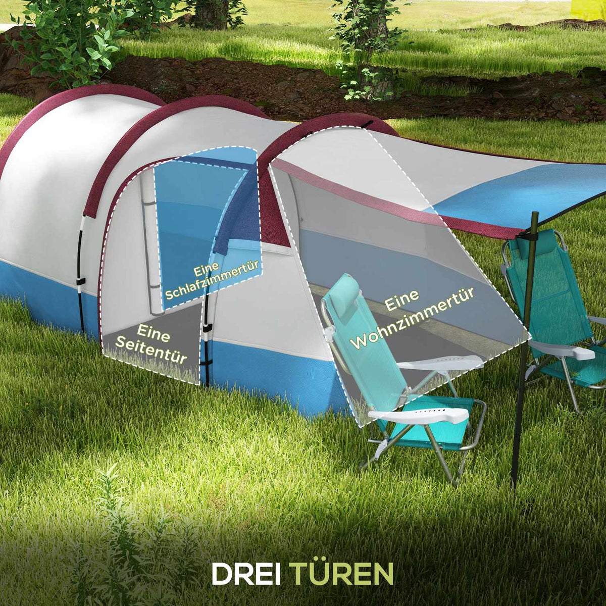 Camping tent, tunnel tent for 3 people, with light hooks, awning, 2 rooms, windproof family tent with carry bag, 2000 mm water-repellent pop up tent for camping, garden, red