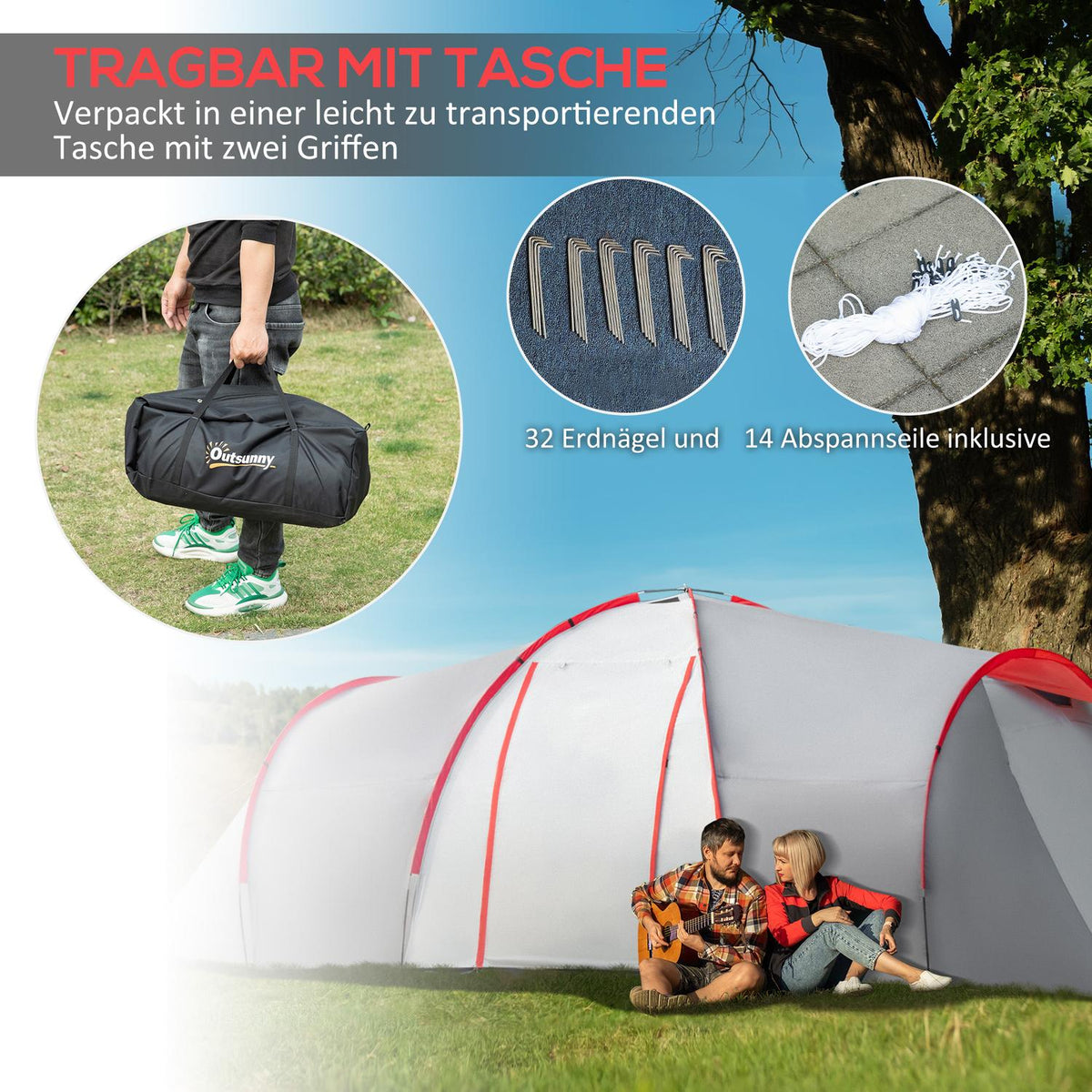 Camping tent, tunnel tent for 6 people with 2 bedrooms, living room, vestibule, windproof UV50+ family tent with carry bag, 2000mm water-repellent for camping, garden, gray |