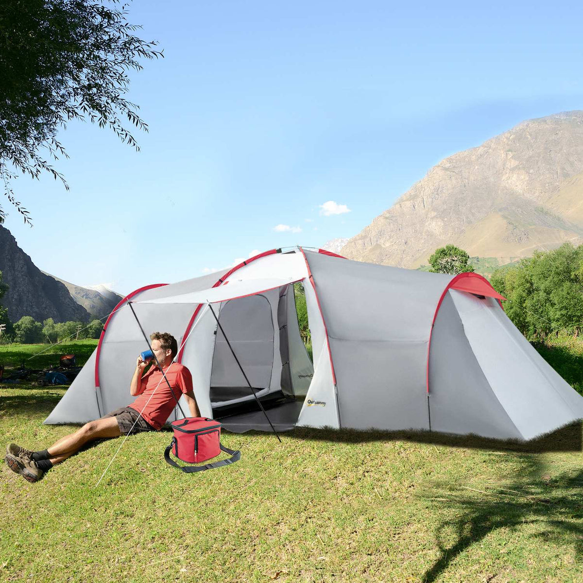 Camping tent, tunnel tent for 6 people with 2 bedrooms, living room, vestibule, windproof UV50+ family tent with carry bag, 2000mm water-repellent for camping, garden, gray |