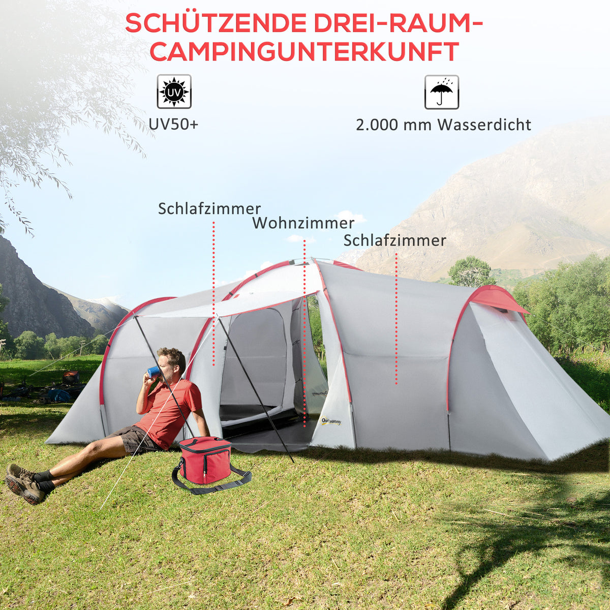 Camping tent, tunnel tent for 6 people with 2 bedrooms, living room, vestibule, windproof UV50+ family tent with carry bag, 2000mm water-repellent for camping, garden, gray |