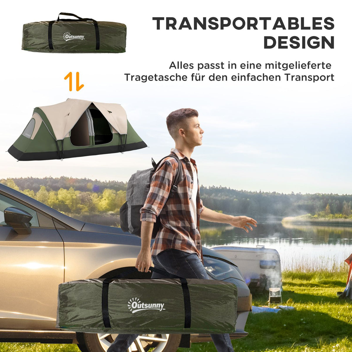 Camping tent, tunnel tent for 8 people, with light hooks, mesh window, 2 rooms, windproof family tent with carry bag, 2000 mm water-repellent group tent for camping, garden, dark green