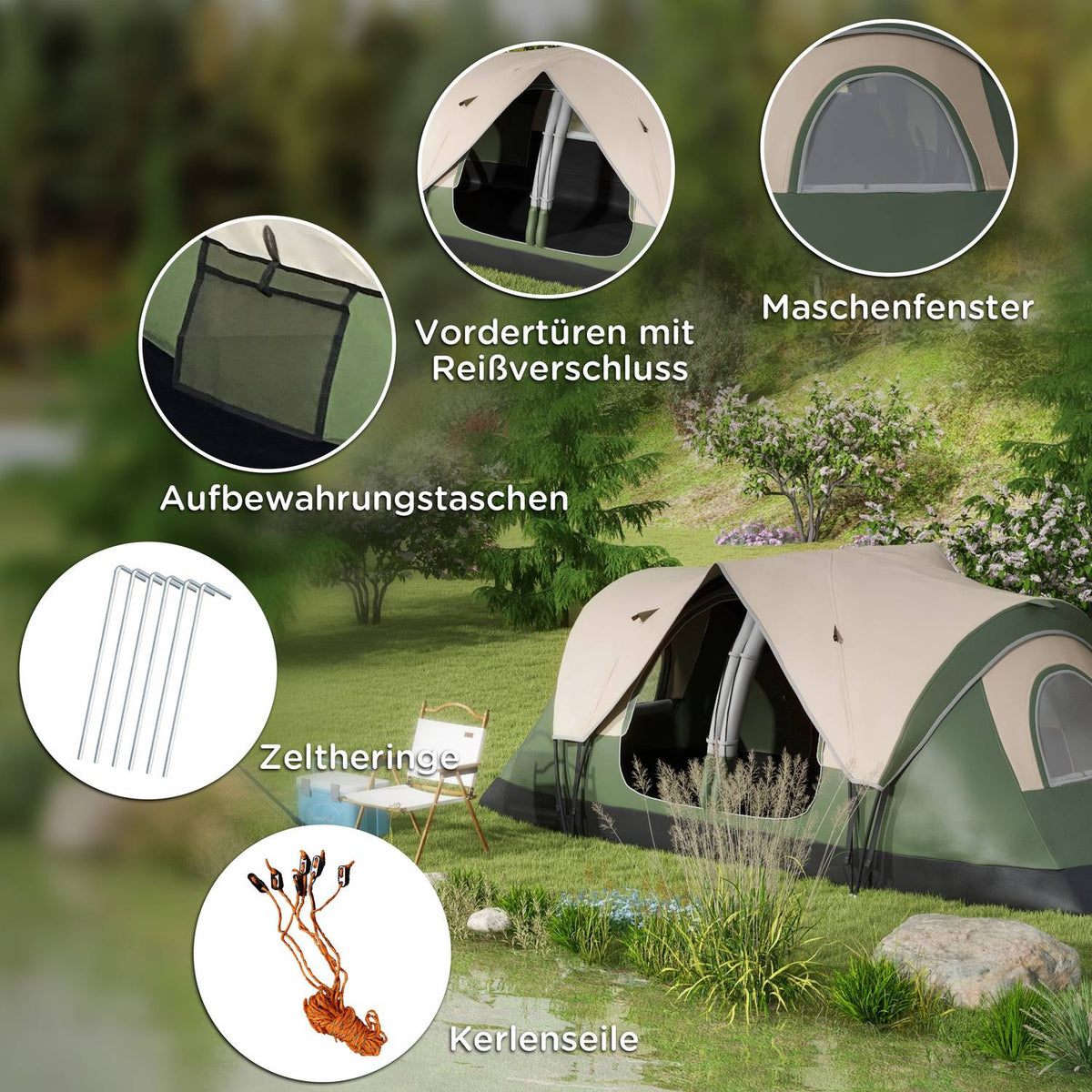 Camping tent, tunnel tent for 8 people, with light hooks, mesh window, 2 rooms, windproof family tent with carry bag, 2000 mm water-repellent group tent for camping, garden, dark green