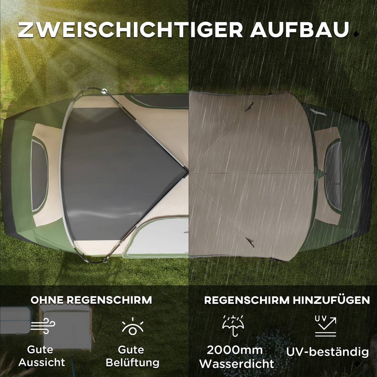 Camping tent, tunnel tent for 8 people, with light hooks, mesh window, 2 rooms, windproof family tent with carry bag, 2000 mm water-repellent group tent for camping, garden, dark green