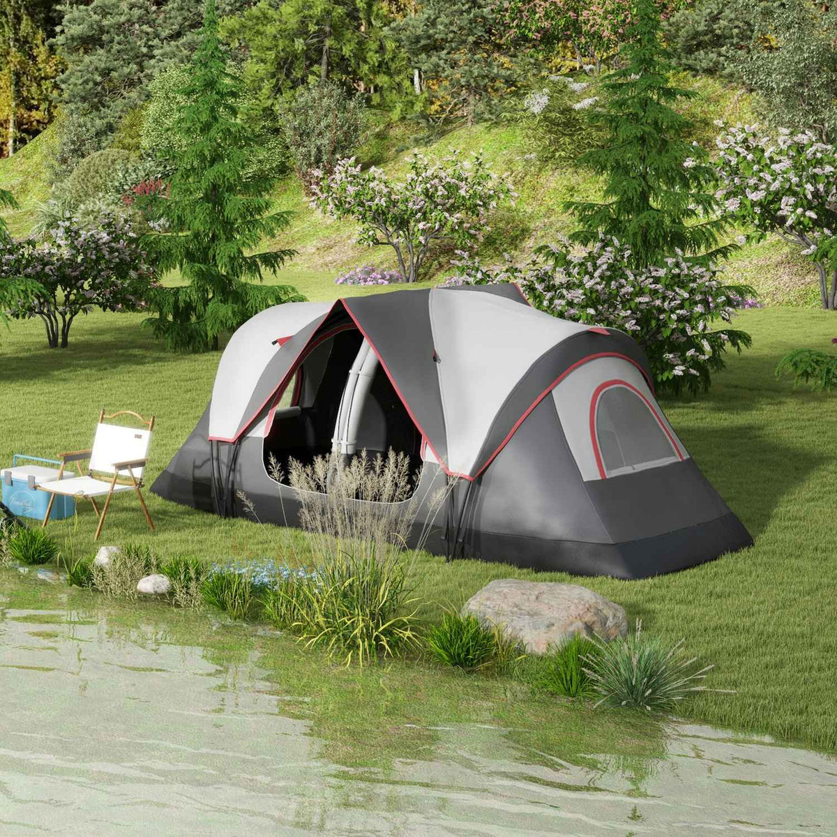 Camping tent, tunnel tent for 8 people, with light hooks, mesh window, 2 rooms, windproof family tent with carry bag, 2000mm water-repellent group tent for camping, garden, gray