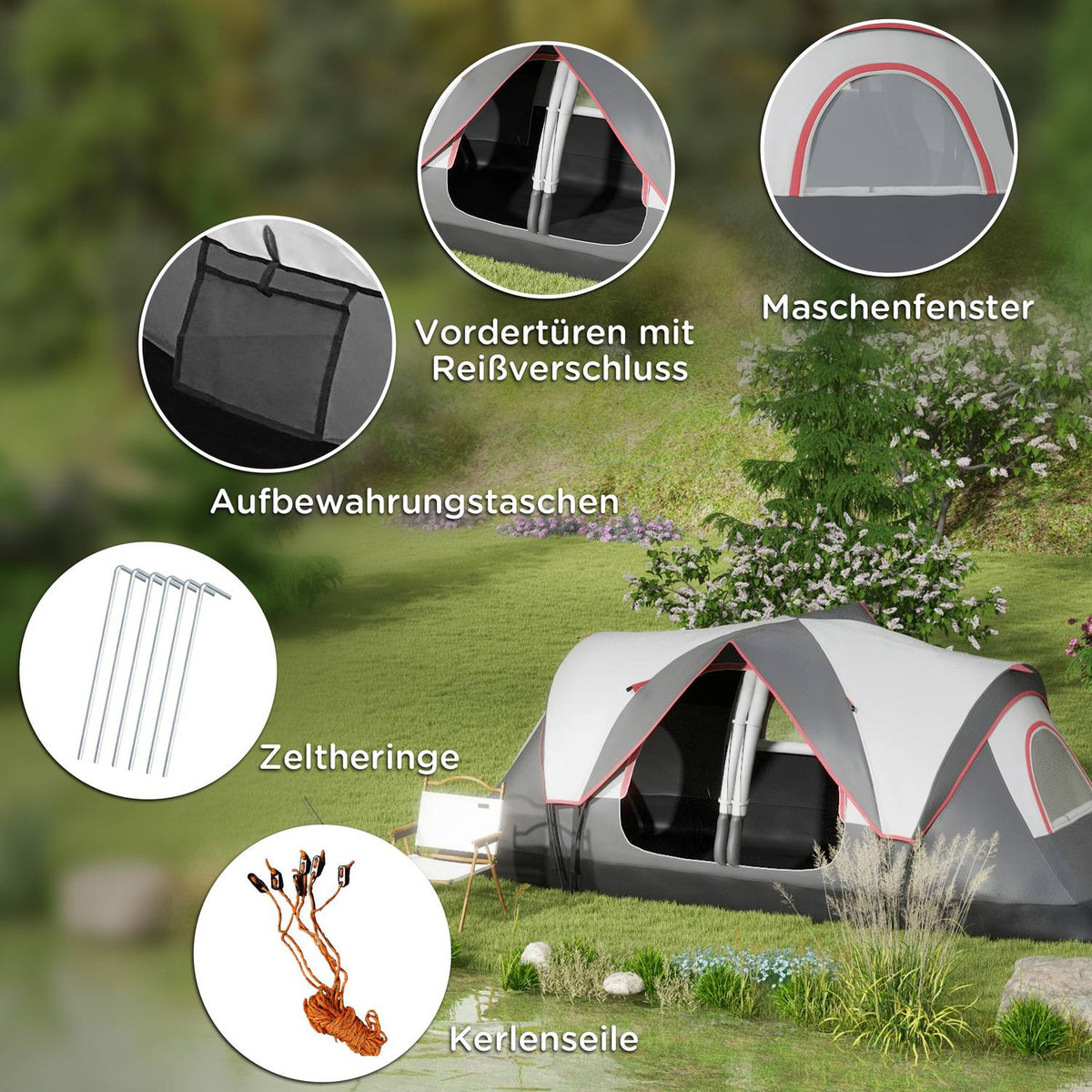 Camping tent, tunnel tent for 8 people, with light hooks, mesh window, 2 rooms, windproof family tent with carry bag, 2000mm water-repellent group tent for camping, garden, gray
