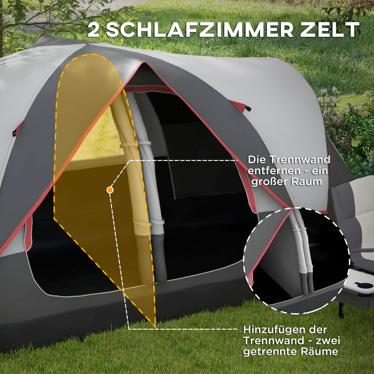 Camping tent, tunnel tent for 8 people, with light hooks, mesh window, 2 rooms, windproof family tent with carry bag, 2000mm water-repellent group tent for camping, garden, gray