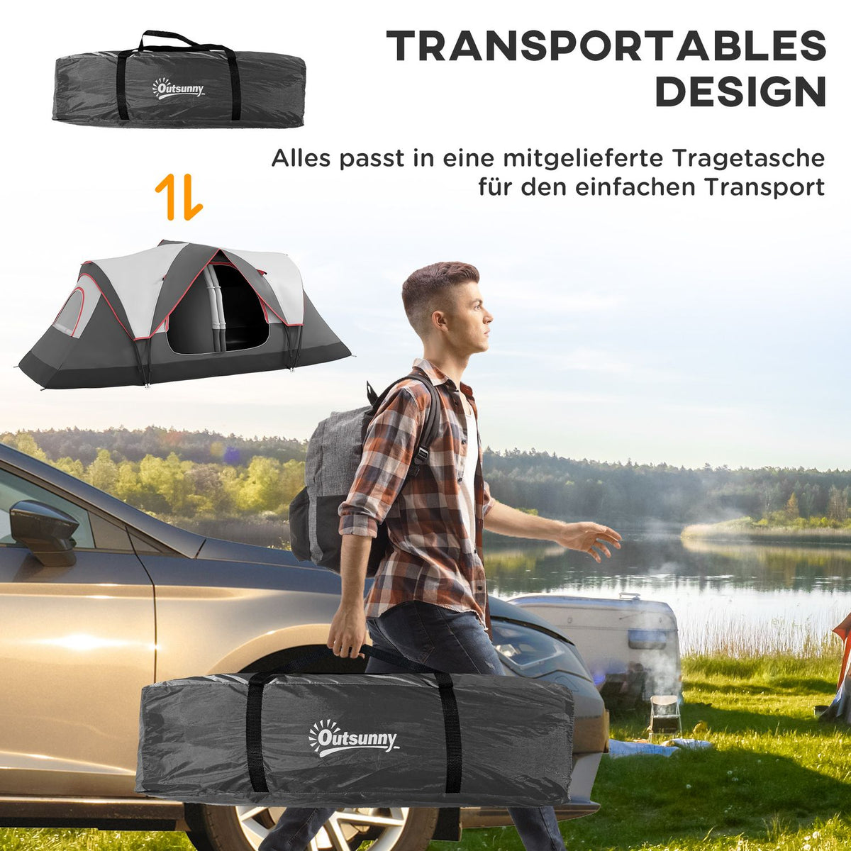 Camping tent, tunnel tent for 8 people, with light hooks, mesh window, 2 rooms, windproof family tent with carry bag, 2000mm water-repellent group tent for camping, garden, gray