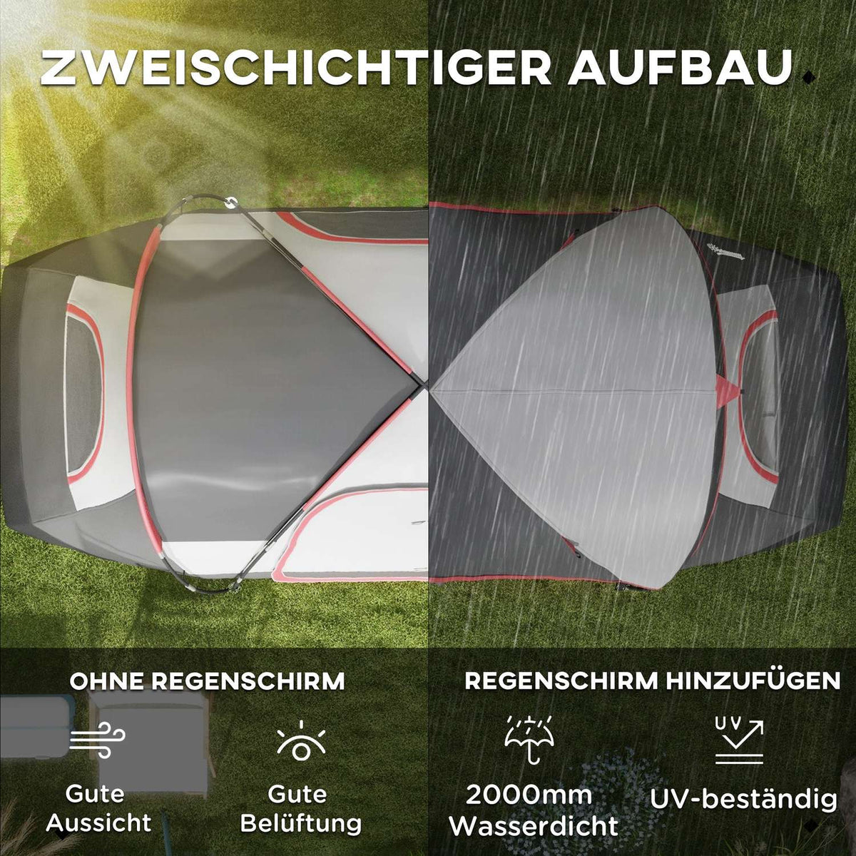 Camping tent, tunnel tent for 8 people, with light hooks, mesh window, 2 rooms, windproof family tent with carry bag, 2000mm water-repellent group tent for camping, garden, gray