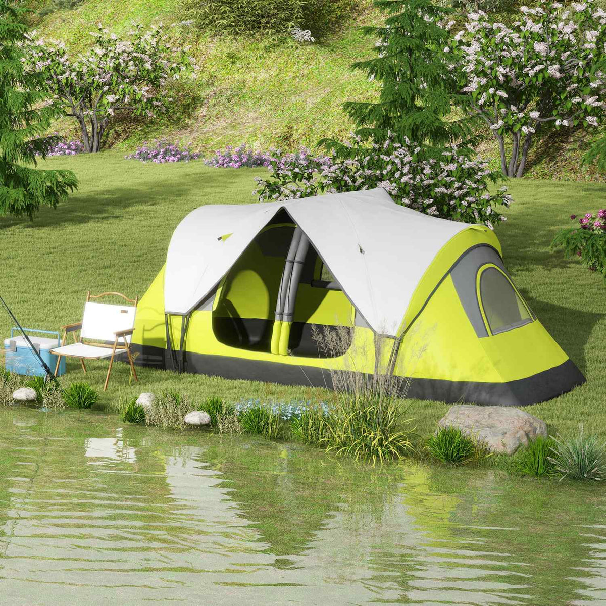 Camping tent, tunnel tent for 8 people, with light hooks, mesh window, 2 rooms, windproof family tent with carry bag, 2000mm water-repellent group tent for camping, garden, green