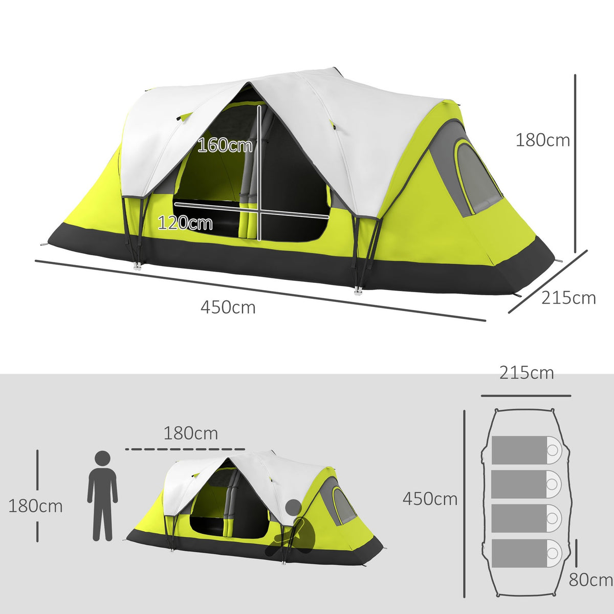 Camping tent, tunnel tent for 8 people, with light hooks, mesh window, 2 rooms, windproof family tent with carry bag, 2000mm water-repellent group tent for camping, garden, green