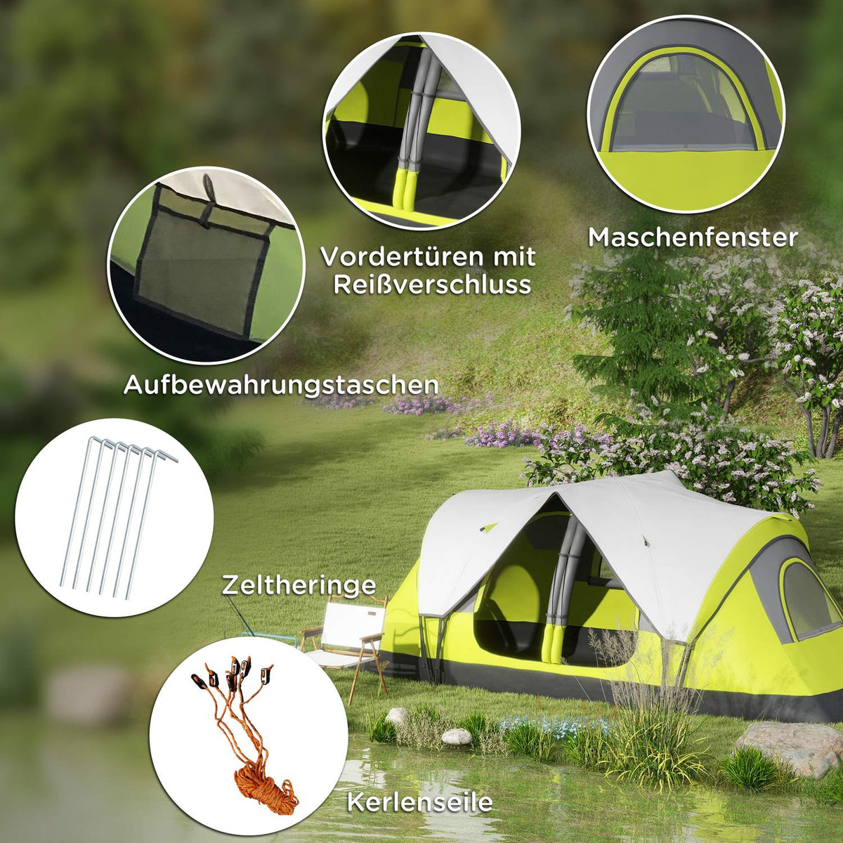Camping tent, tunnel tent for 8 people, with light hooks, mesh window, 2 rooms, windproof family tent with carry bag, 2000mm water-repellent group tent for camping, garden, green