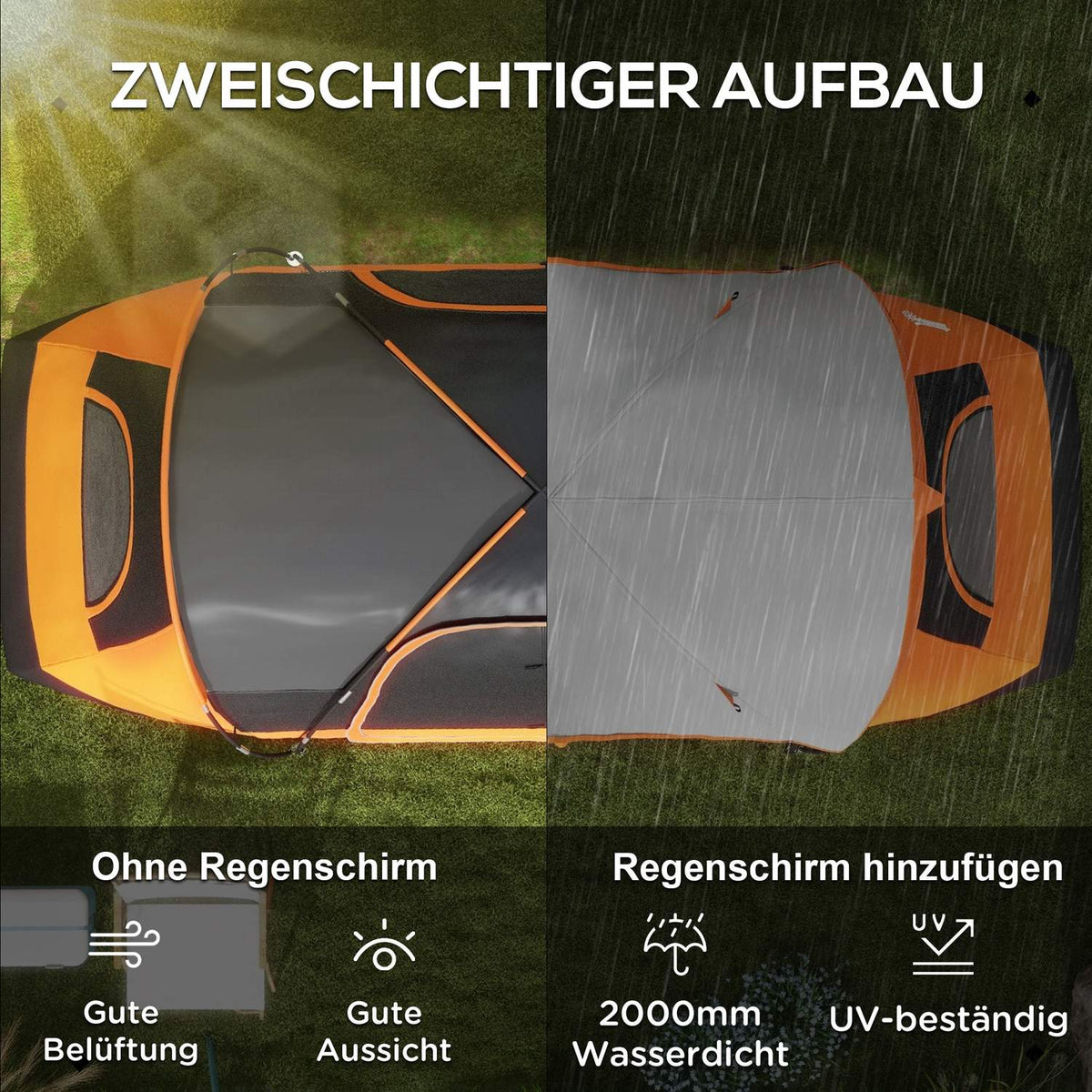 Camping tent, tunnel tent for 8 people, with light hooks, mesh window, 2 rooms, windproof family tent with carry bag, 2000mm water-repellent group tent for camping, garden, orange
