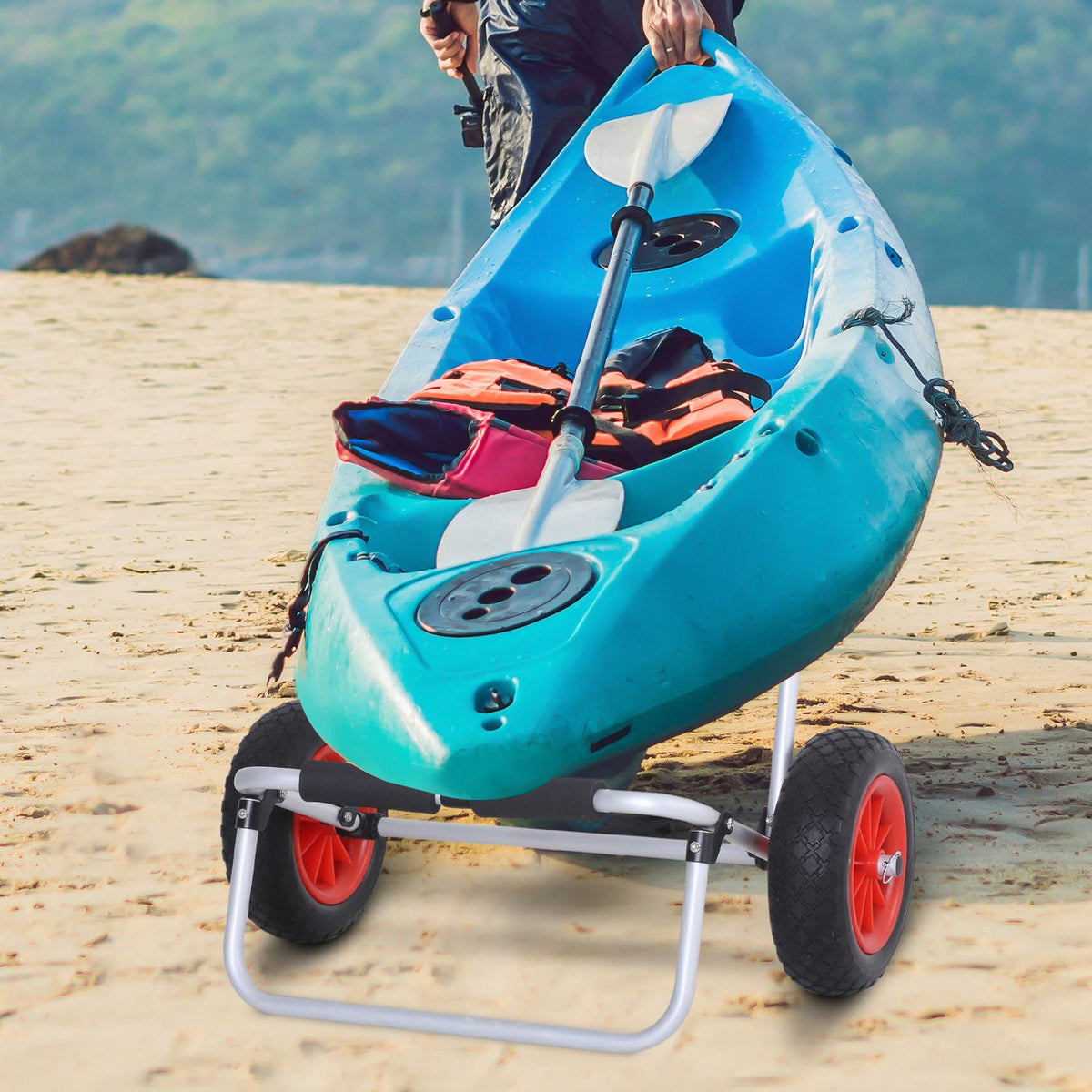 Canoe Cart, Kayak Cart, Surf Cart, Foldable With Belt, Pu Wheels, Padded Aluminum, Silver, Up To 90 Kg, L70 X W40 X H42 Cm