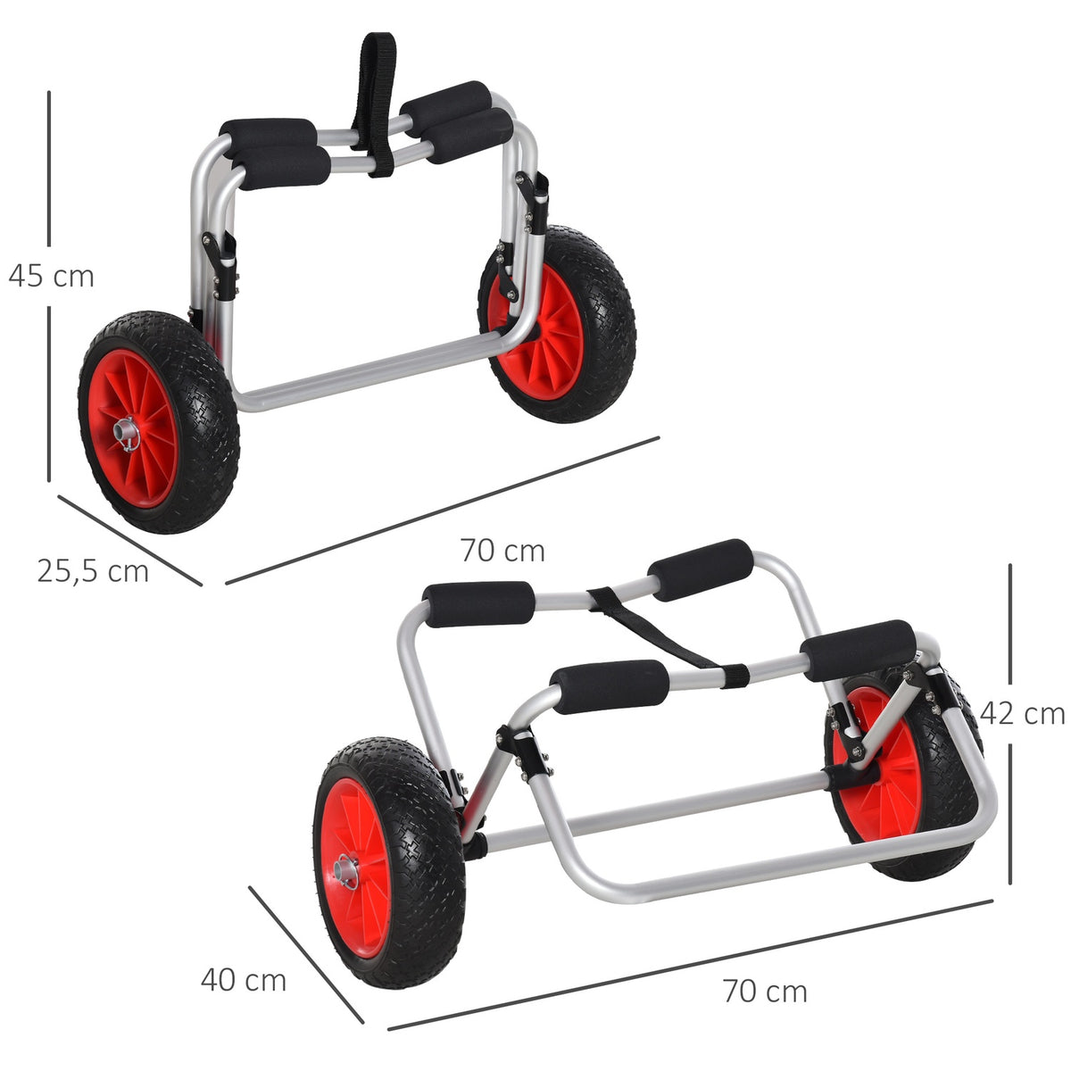 Canoe Cart, Kayak Cart, Surf Cart, Foldable With Belt, Pu Wheels, Padded Aluminum, Silver, Up To 90 Kg, L70 X W40 X H42 Cm