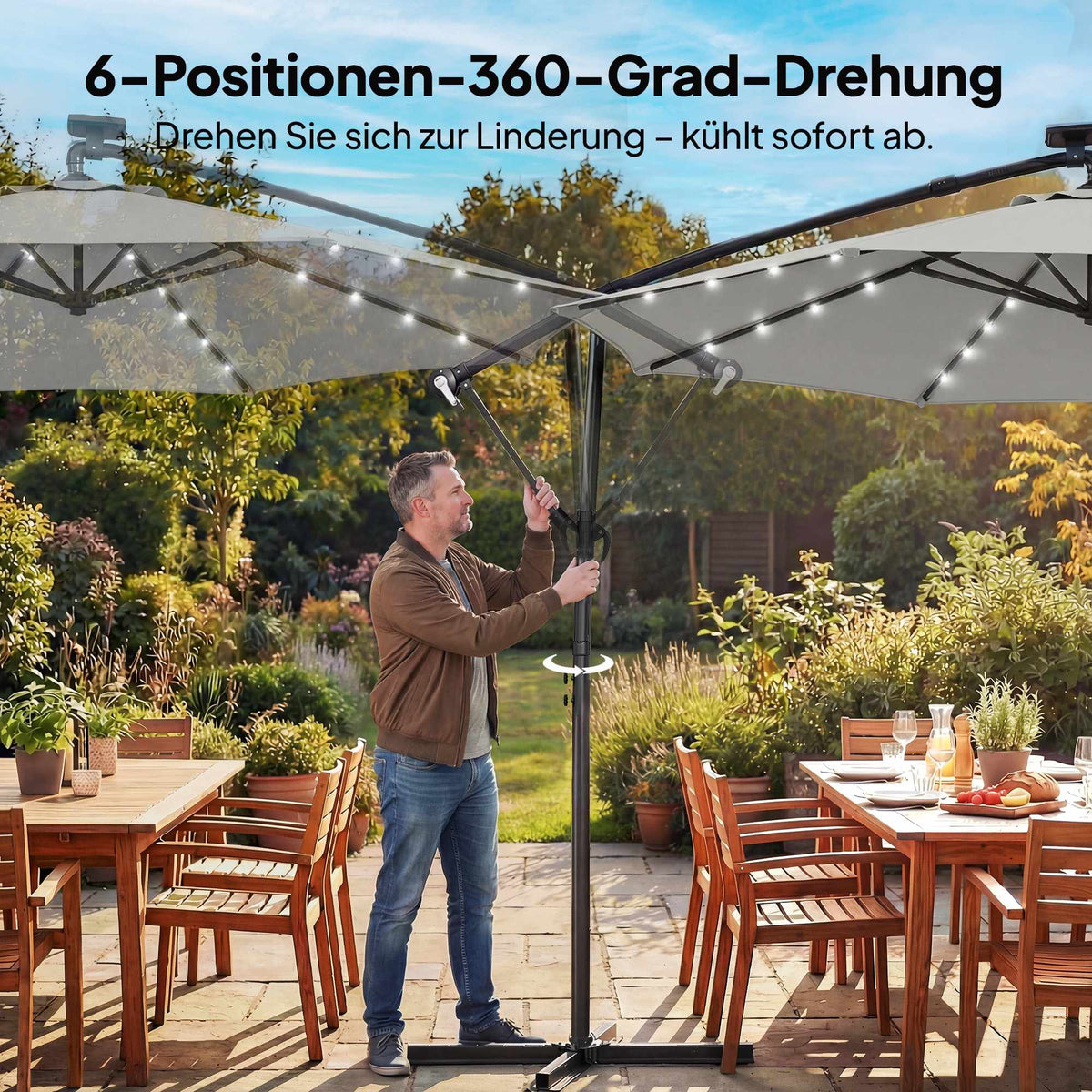 Cantilever Patio Umbrella, 3x3m, Solar LED Lights, UV-Resistant