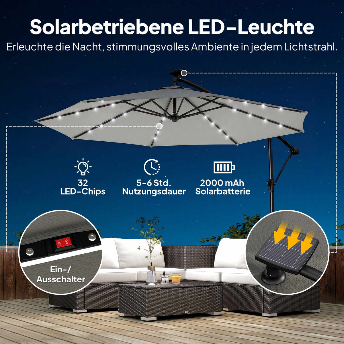 Cantilever Patio Umbrella, 3x3m, Solar LED Lights, UV-Resistant