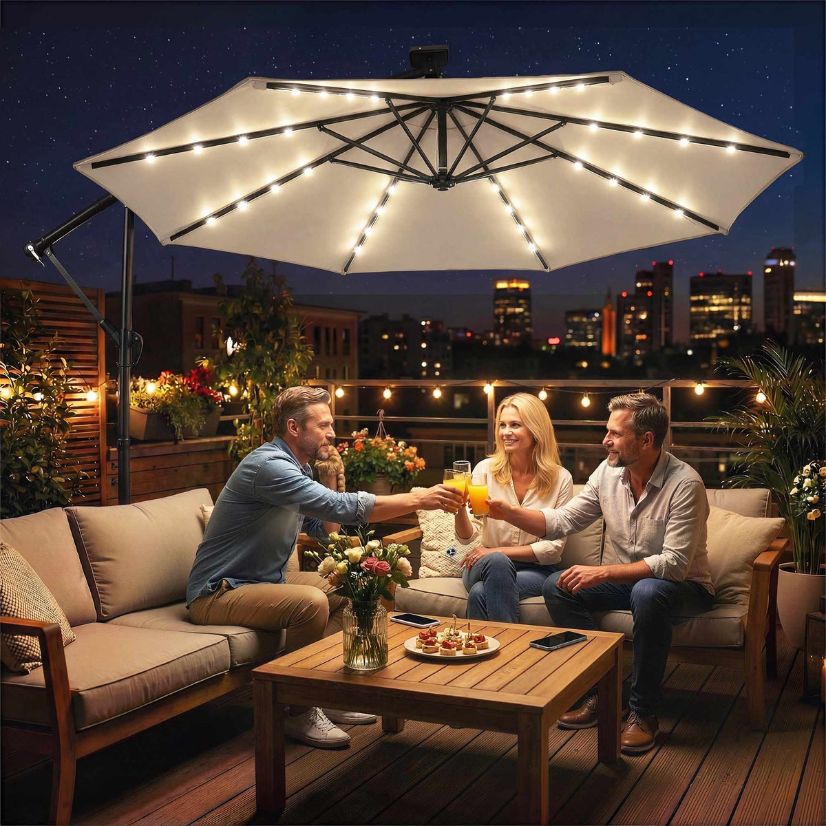 Cantilever Patio Umbrella with LED, 3x3m, Beige