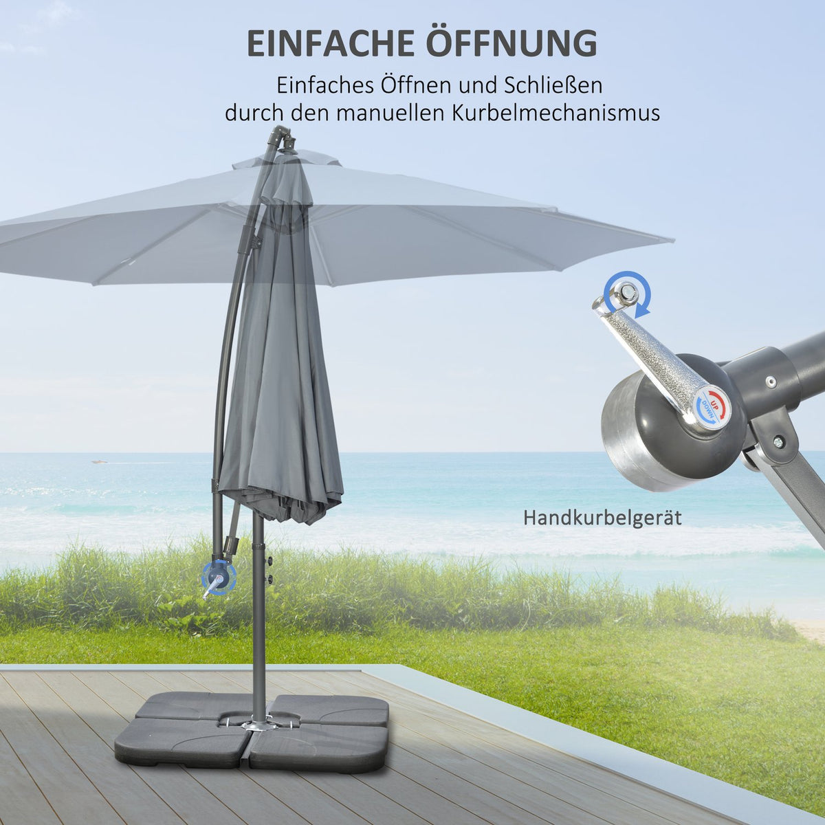 Cantilever Umbrella, Ø2.92 M Parasol With Hand Crank, Weights, Garden Umbrella With Umbrella Cover, Cross Base, Steel, Oxford Dark Grey