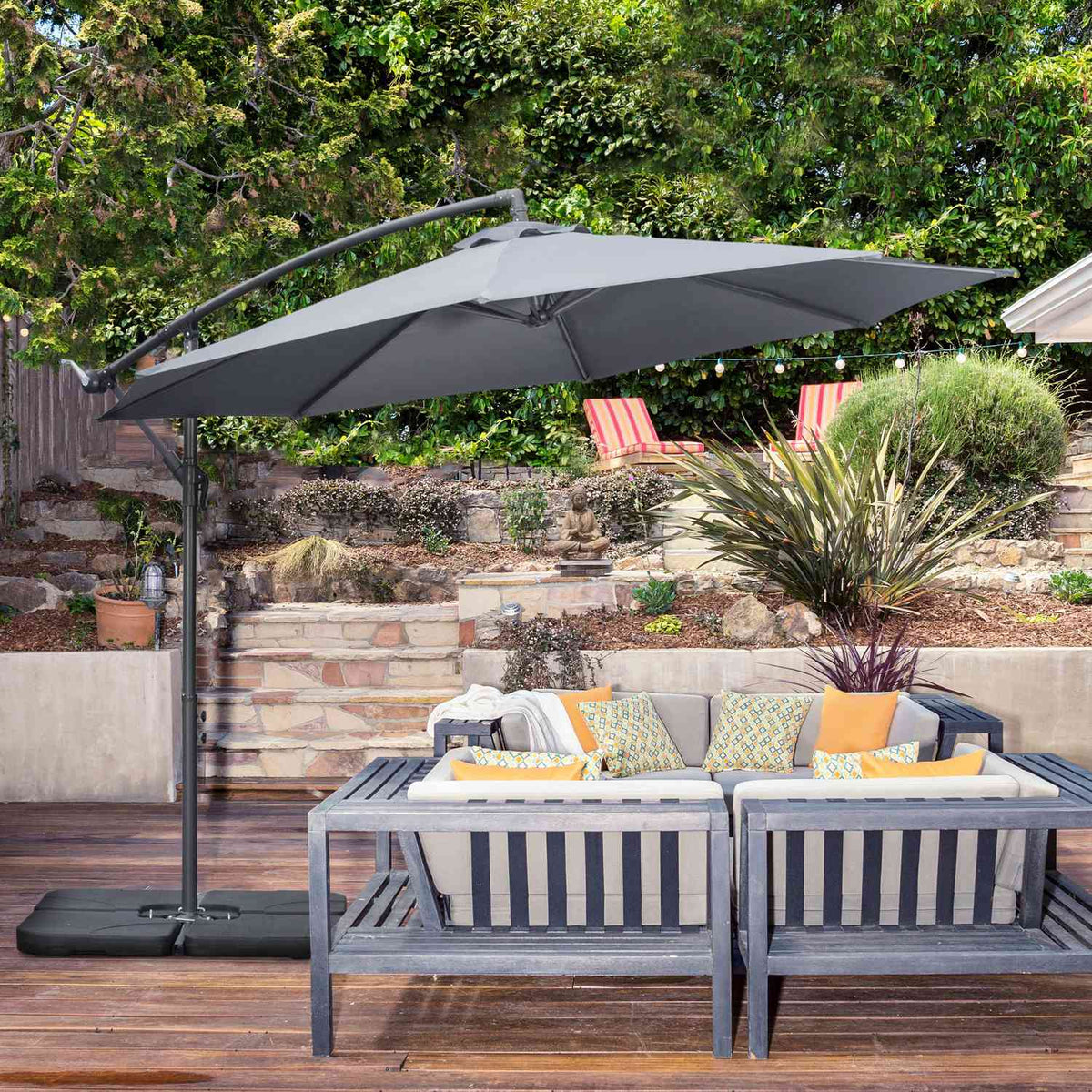 Cantilever Umbrella, Ø2.92 M Parasol With Hand Crank, Weights, Garden Umbrella With Umbrella Cover, Cross Base, Steel, Oxford Dark Grey