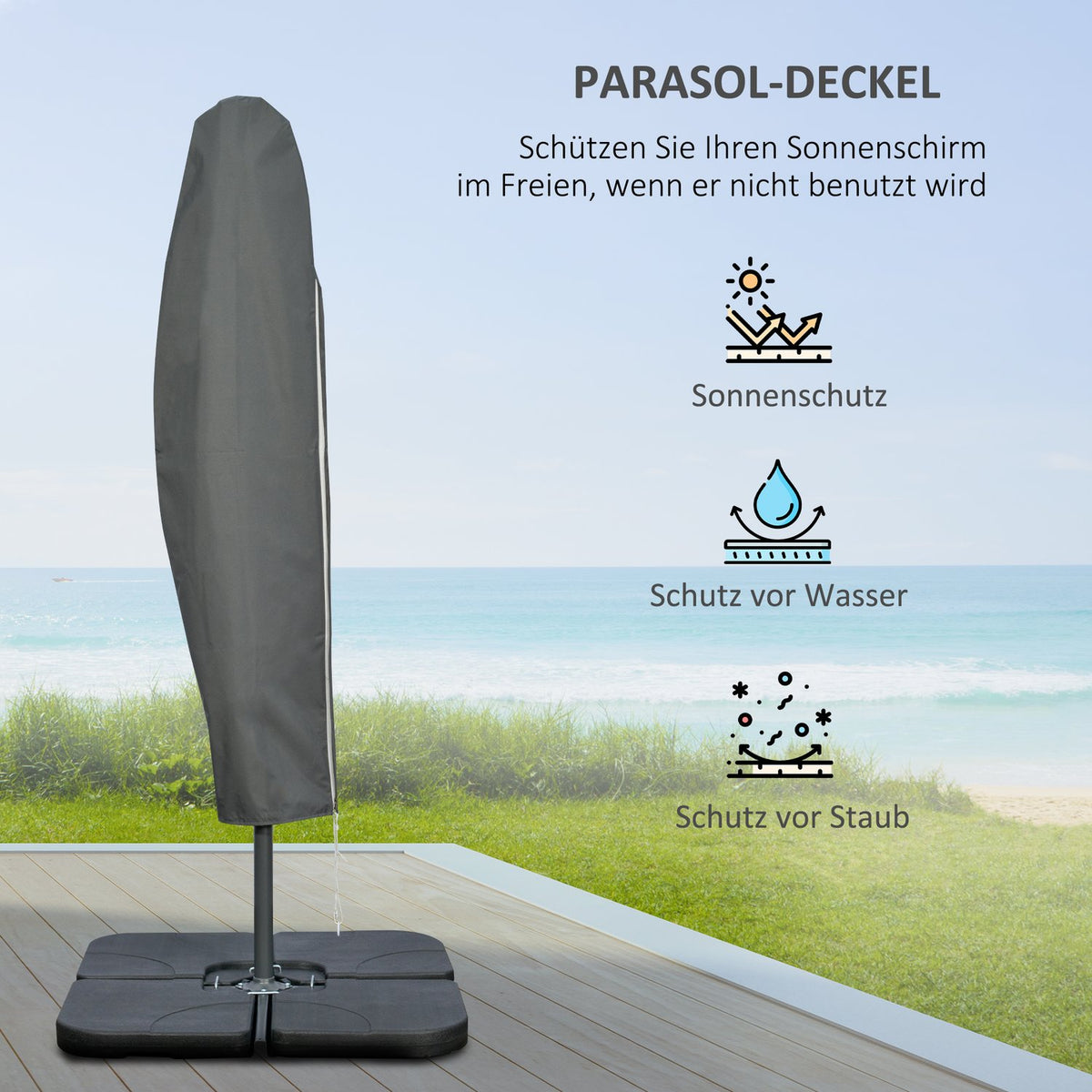 Cantilever Umbrella, Ø2.92 M Parasol With Hand Crank, Weights, Garden Umbrella With Umbrella Cover, Cross Base, Steel, Oxford Dark Grey