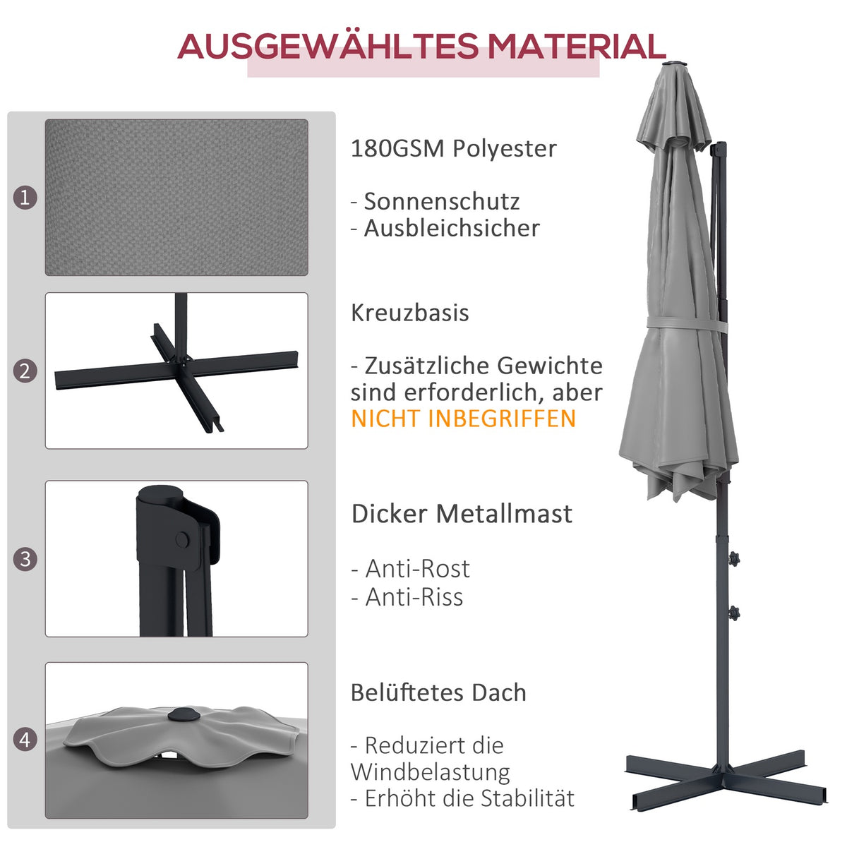 Cantilever Umbrella Approx. Ø3 M Parasol With Crank, Tilting Market Umbrella, Rotating Garden Umbrella For Balcony, Terrace, Metal, Dark Gray