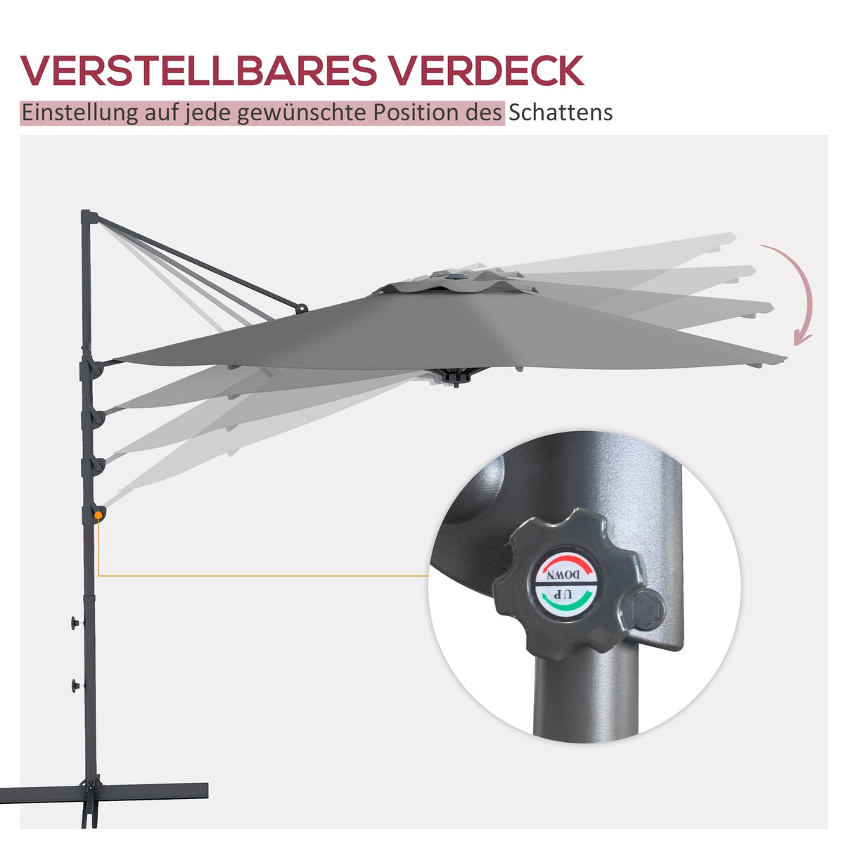 Cantilever Umbrella Approx. Ø3 M Parasol With Crank, Tilting Market Umbrella, Rotating Garden Umbrella For Balcony, Terrace, Metal, Dark Gray
