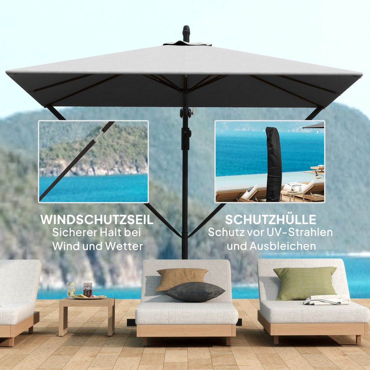 Cantilever umbrella Ø260 cm parasol with UV protection 50+ water-repellent crank umbrella with stand, cover, crank, wind lock, market umbrella tiltable garden umbrella for balcony terrace gray