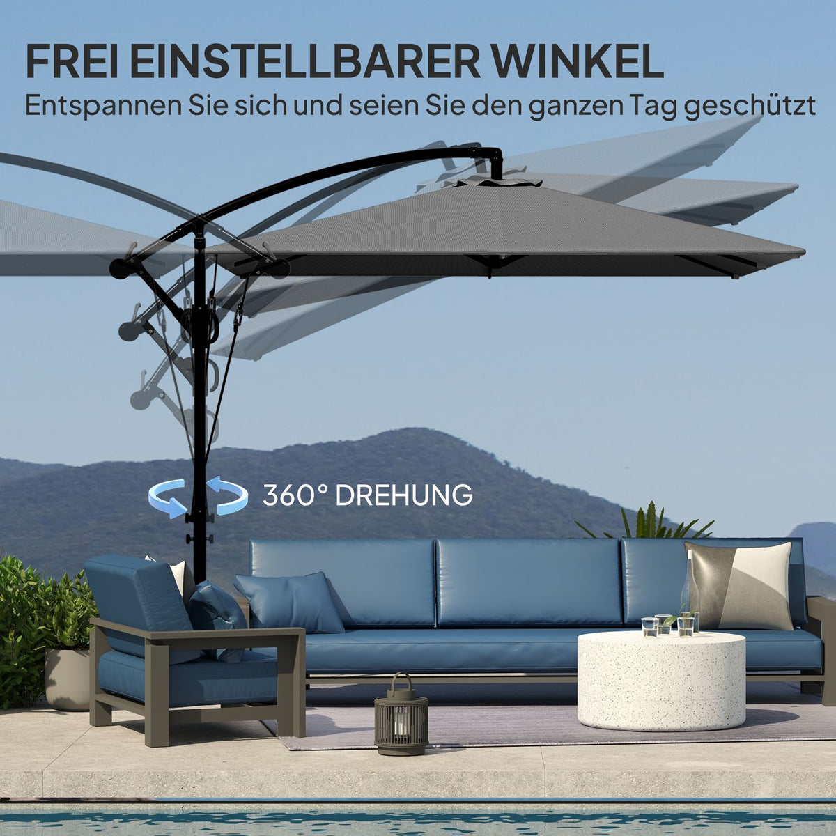 Cantilever umbrella Ø260 cm parasol with UV protection 50+ water-repellent crank umbrella with stand, cover, crank, wind lock, market umbrella tiltable garden umbrella for balcony terrace gray