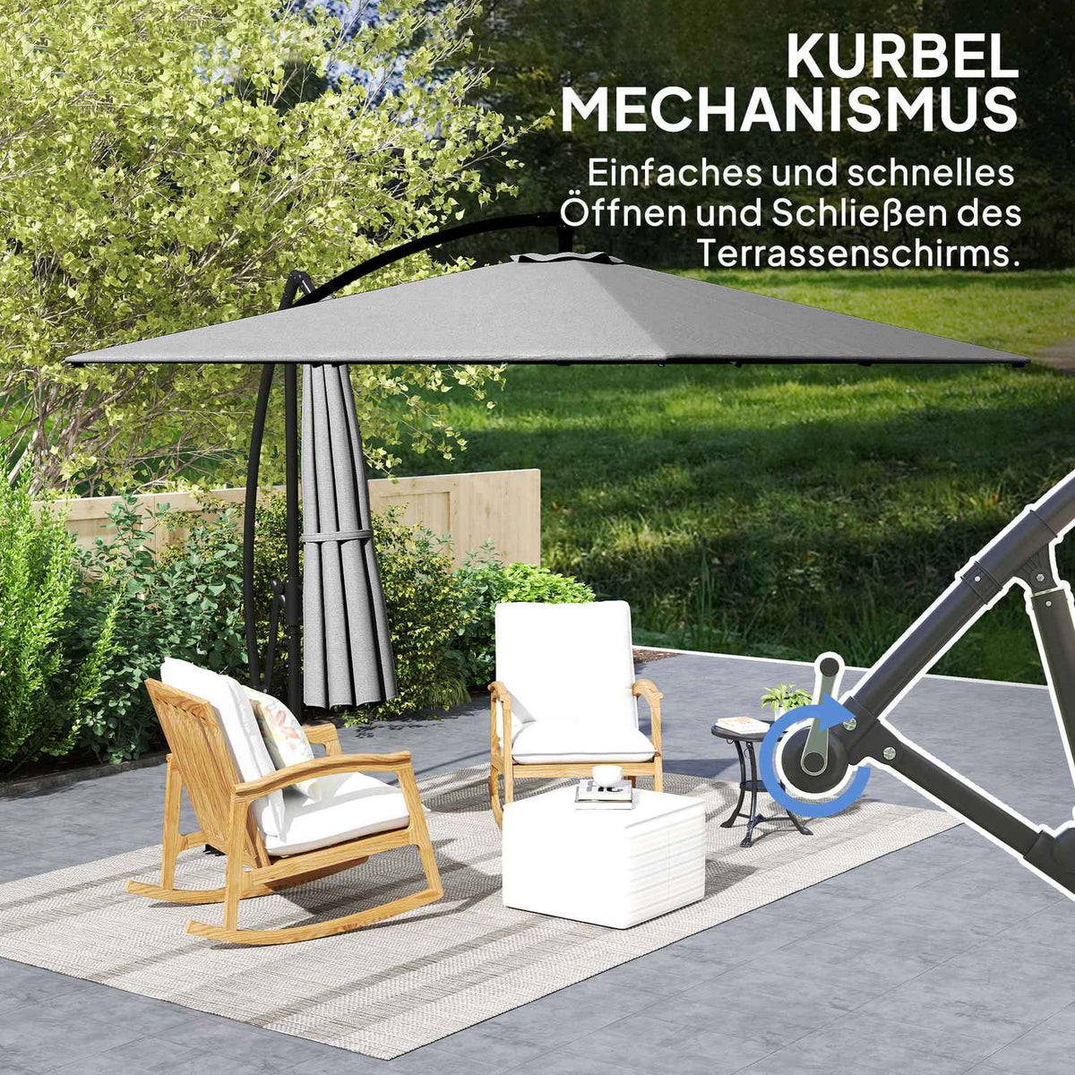 Cantilever umbrella Ø260 cm parasol with UV protection 50+ water-repellent crank umbrella with stand, cover, crank, wind lock, market umbrella tiltable garden umbrella for balcony terrace gray