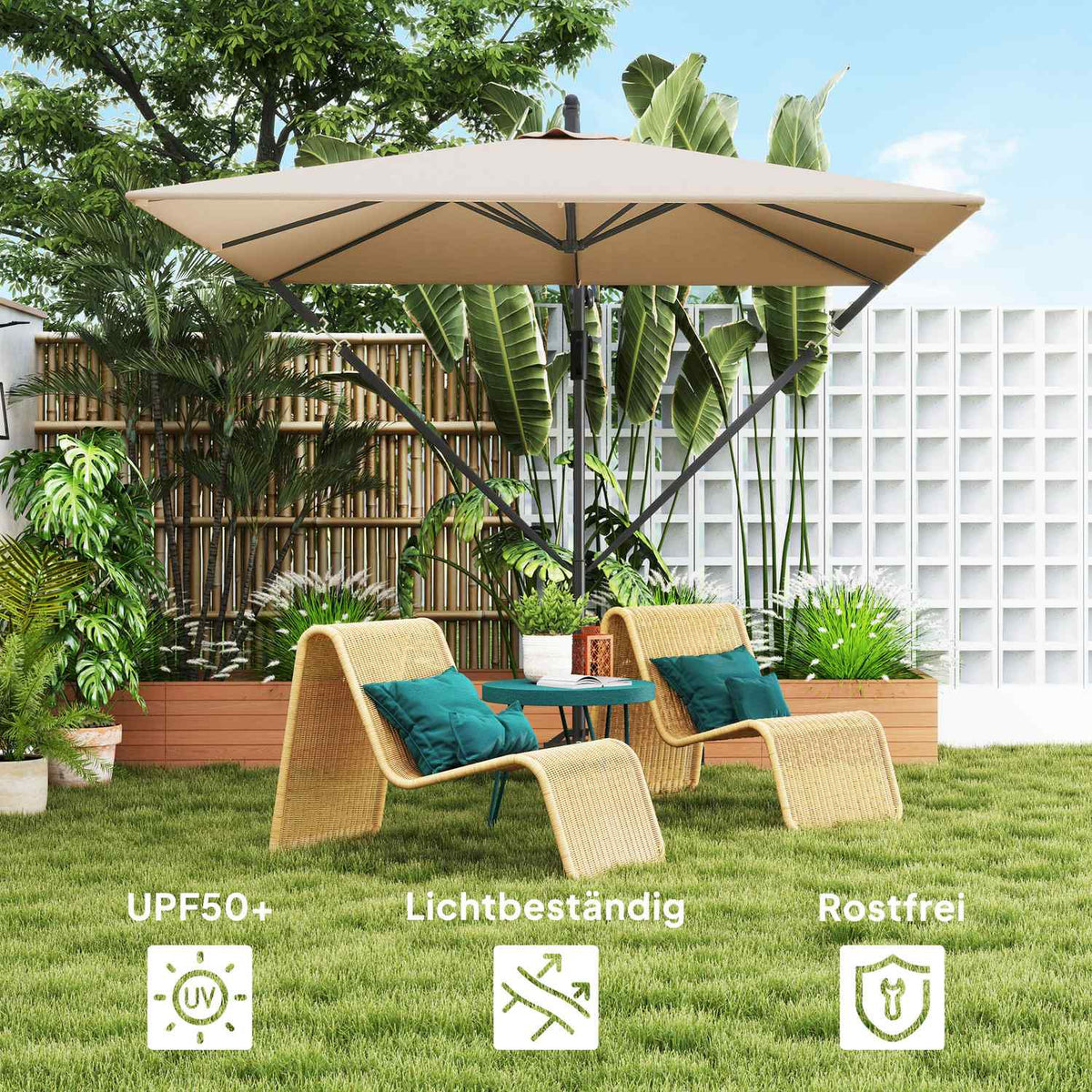Cantilever umbrella Ø260 cm parasol with UV protection 50+ water-repellent crank umbrella with stand, cover, crank, wind lock, market umbrella tiltable garden umbrella for balcony terrace khaki