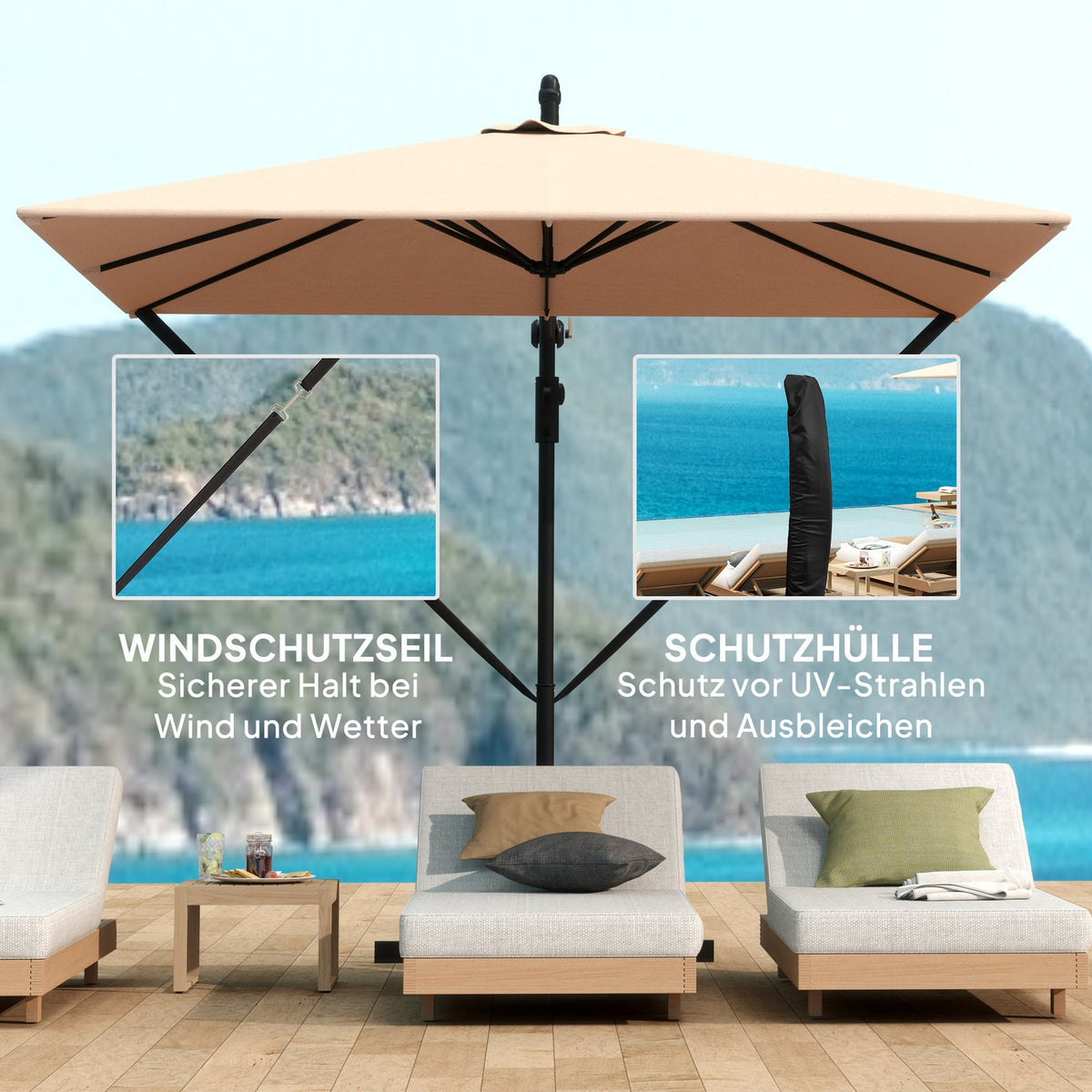 Cantilever umbrella Ø260 cm parasol with UV protection 50+ water-repellent crank umbrella with stand, cover, crank, wind lock, market umbrella tiltable garden umbrella for balcony terrace khaki