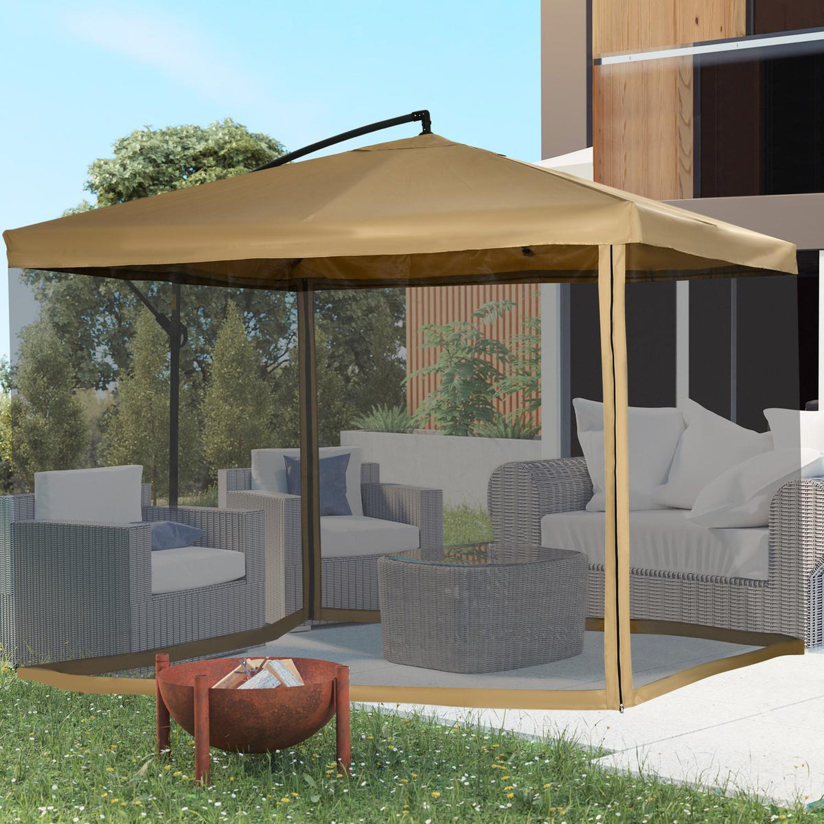 Cantilever umbrella, 296 x 296cm parasol with mesh sides, tilting market umbrella, umbrella weight, garden umbrella for terrace, balcony