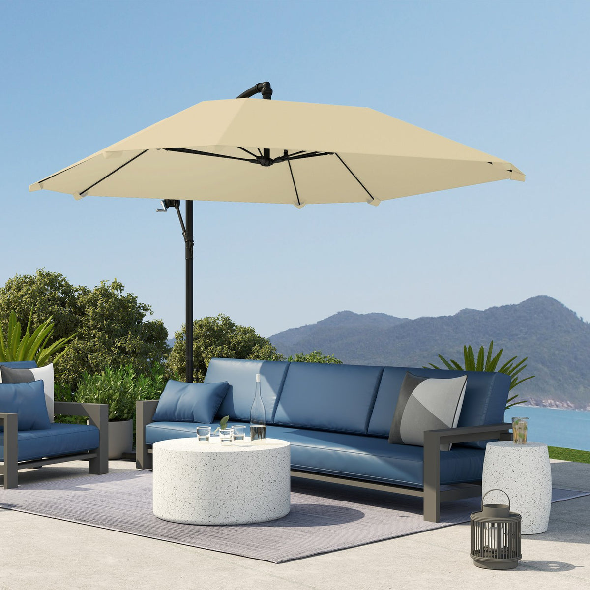 Cantilever umbrella, aluminum diameter 260 cm, parasol, waterproof, crank umbrella with stand, crank, wind lock, tiltable market umbrella, tiltable garden umbrella, sun protection for balcony, garden, terrace, beige