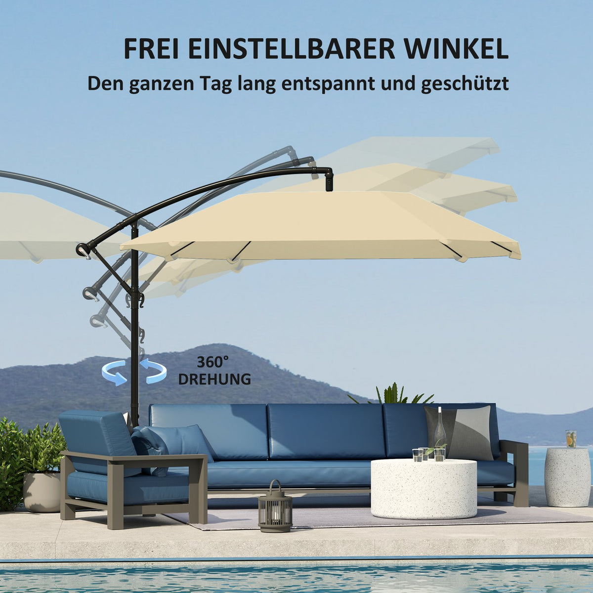 Cantilever umbrella, aluminum diameter 260 cm, parasol, waterproof, crank umbrella with stand, crank, wind lock, tiltable market umbrella, tiltable garden umbrella, sun protection for balcony, garden, terrace, beige