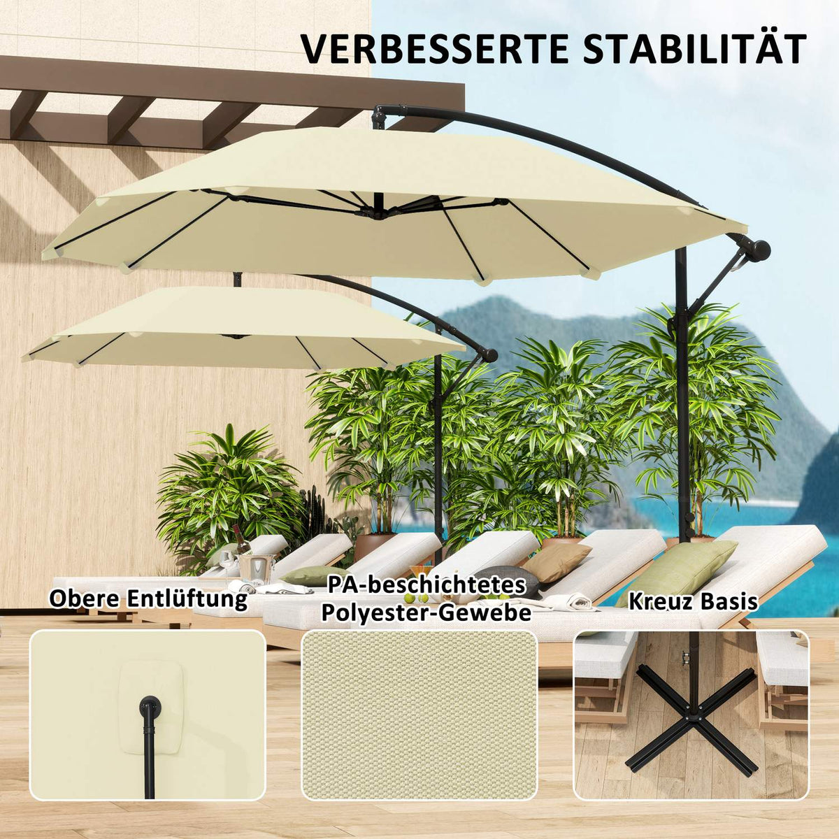 Cantilever umbrella, aluminum diameter 260 cm, parasol, waterproof, crank umbrella with stand, crank, wind lock, tiltable market umbrella, tiltable garden umbrella, sun protection for balcony, garden, terrace, beige