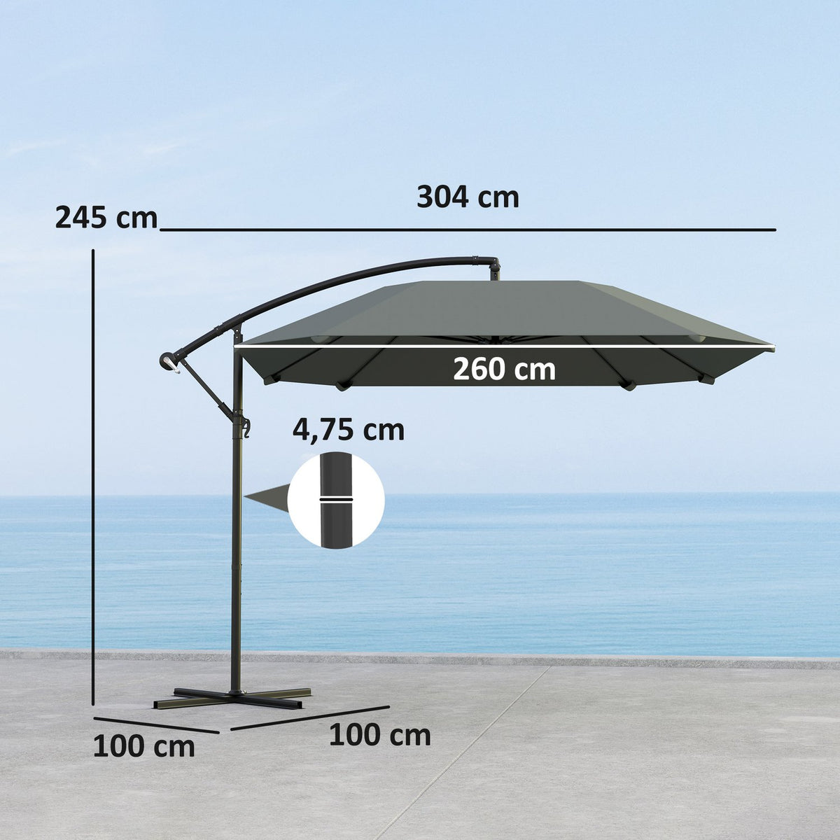 Cantilever umbrella, aluminum diameter 260 cm, parasol, waterproof, crank umbrella with stand, crank, wind lock, tiltable market umbrella, tiltable garden umbrella, sun protection for balcony, garden, terrace, dark gray